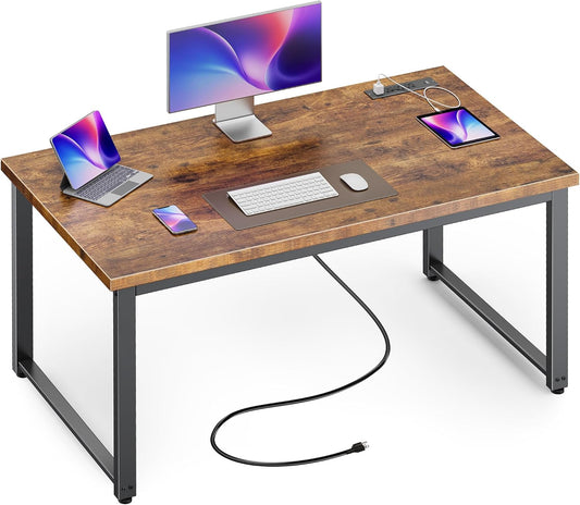 Huuger 48 x 24 inch Desk with Power Outlets & USB-C, Deeper & Thicker Desktop, Robust Metal Tubes, Computer Desk, Heavy Duty Office Desk, Work Gaming Desk for Home Office, Rustic Brown