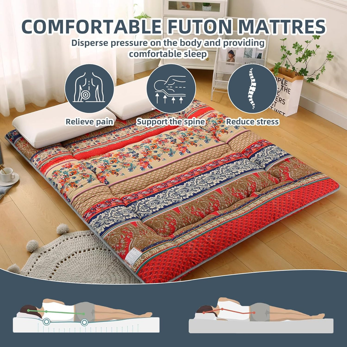 Bohemian Retro Japanese Floor Mattress, Vintage Floral Tatami Floor Mat, Portable Roll up Futon Mattress for Guest,Tavel (A,Queen80 X 60")