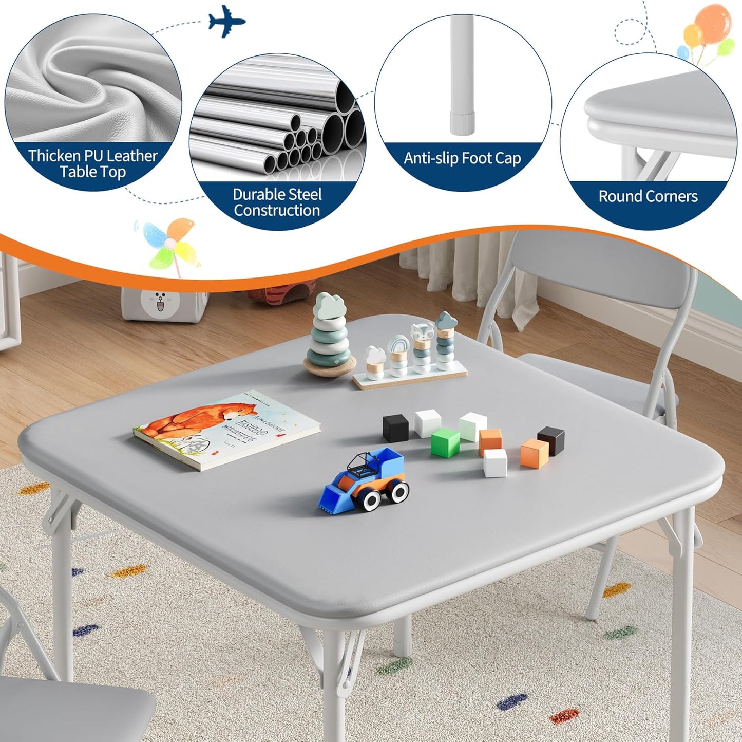IDEALHOUSE 3 Piece Folding Kids Table and Chairs Set, Children Activity Table and Chairs Set for Dining Room,Daycare,Classrooms