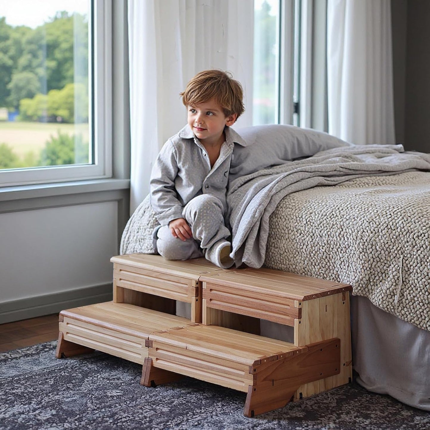 32" Wooden Two Step Stool for Adult & Kid, Wider, Deeper & Safer Bedside Steps, Anti-Slip. Riser 2-Step Spa & Hot Tub Stairs for Pool, Heavy Duty for Kitchen, Bathroom, Closet, High Bed Step