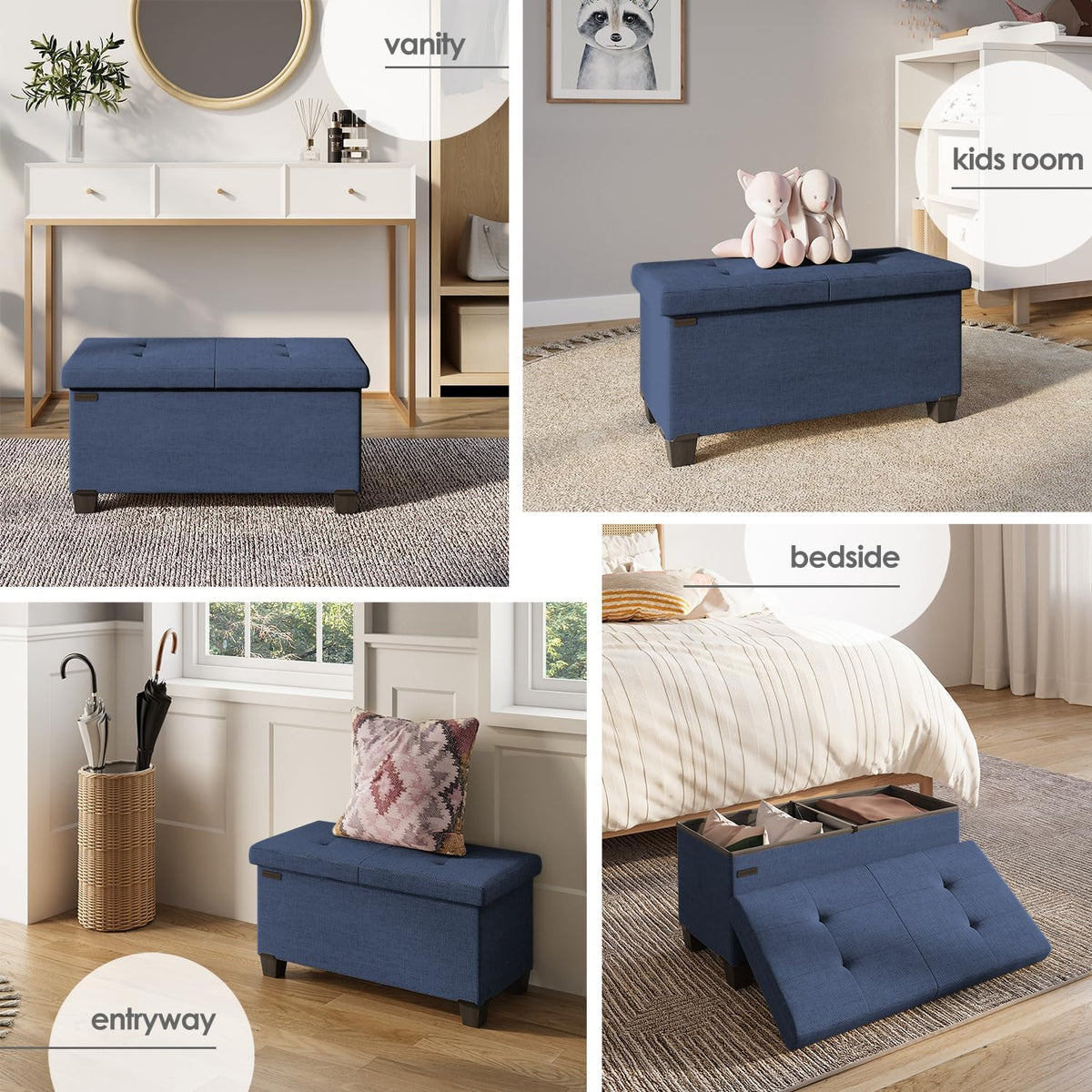 STORAGEBUD Storage Ottoman Bench with Bins, 30-in Storage Bench for Bedroom End of Bed, Folding Foot Rest Ottoman for Living Room Max 660lbs, Fabric Ottomans, Blue