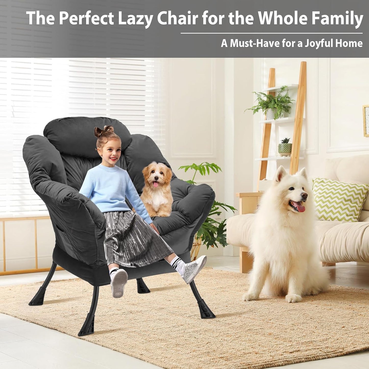 Lazy Chair Thick Padded, Comfy Velvet Accent Lounge Chair with Stable Frame, Leisure Sofa Armchair with Armrests and Side Pocket, Reading Chair for Bedroom, Living Room, Office, Charcoal
