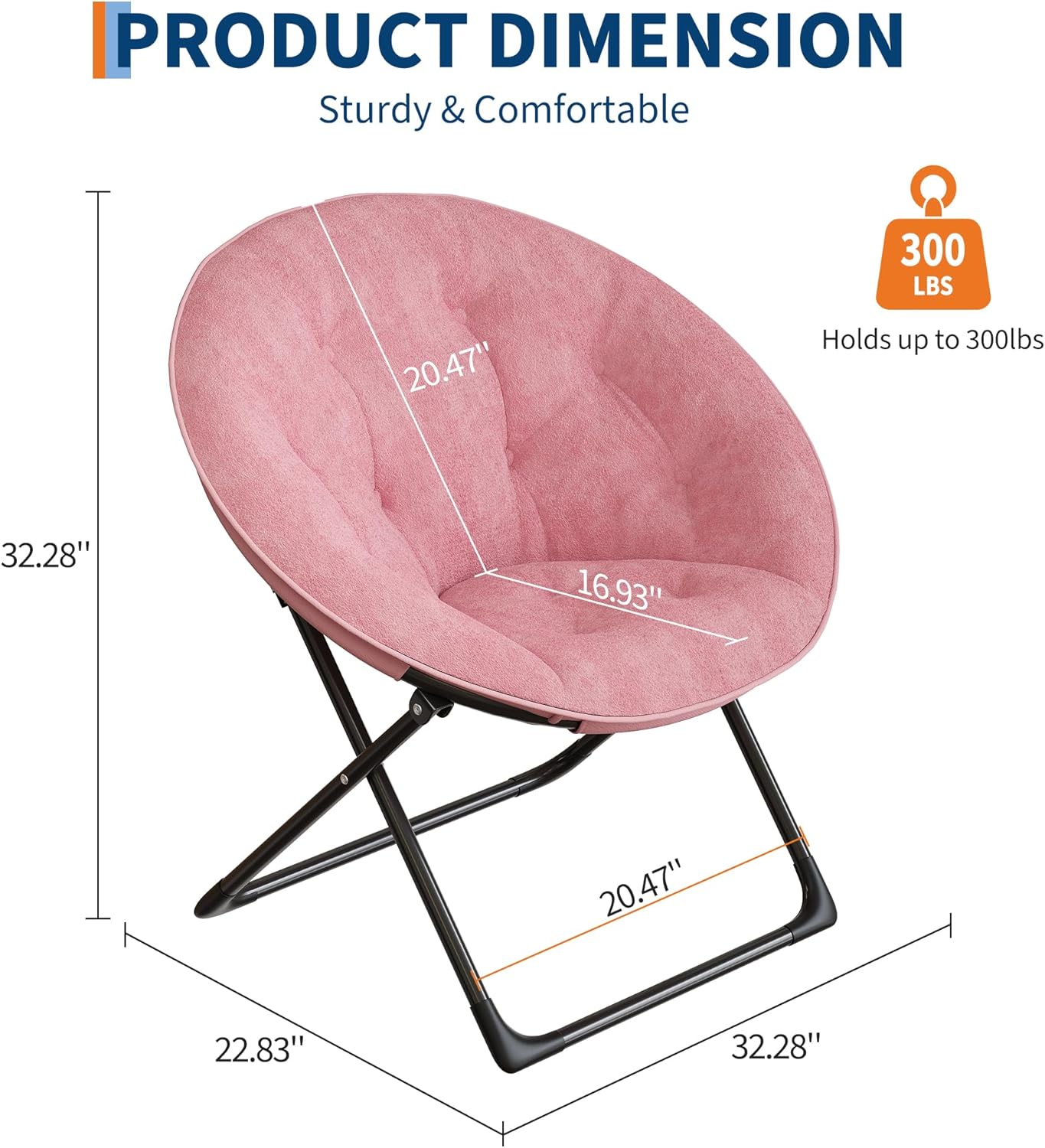 Saucer Chair with Faux Fur Cover - Foldable Moon Chair for Teens & Adults, Large Circle Seat Perfect for Bedroom, Living Room & Playroom, Soft Gaming Chair for Compact Spaces, Pink