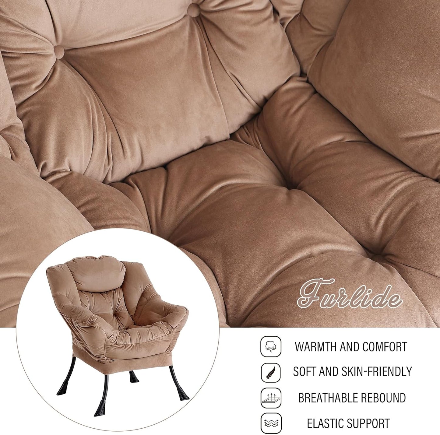 Lazy Chair with Ottoman, Modern Chair with Folding Footrest, Lounge Accent Chair, Comfortable Reading Chair, Oversized Armchairs for Bedroom, Study, Living Room, Courtyard (Khaki)