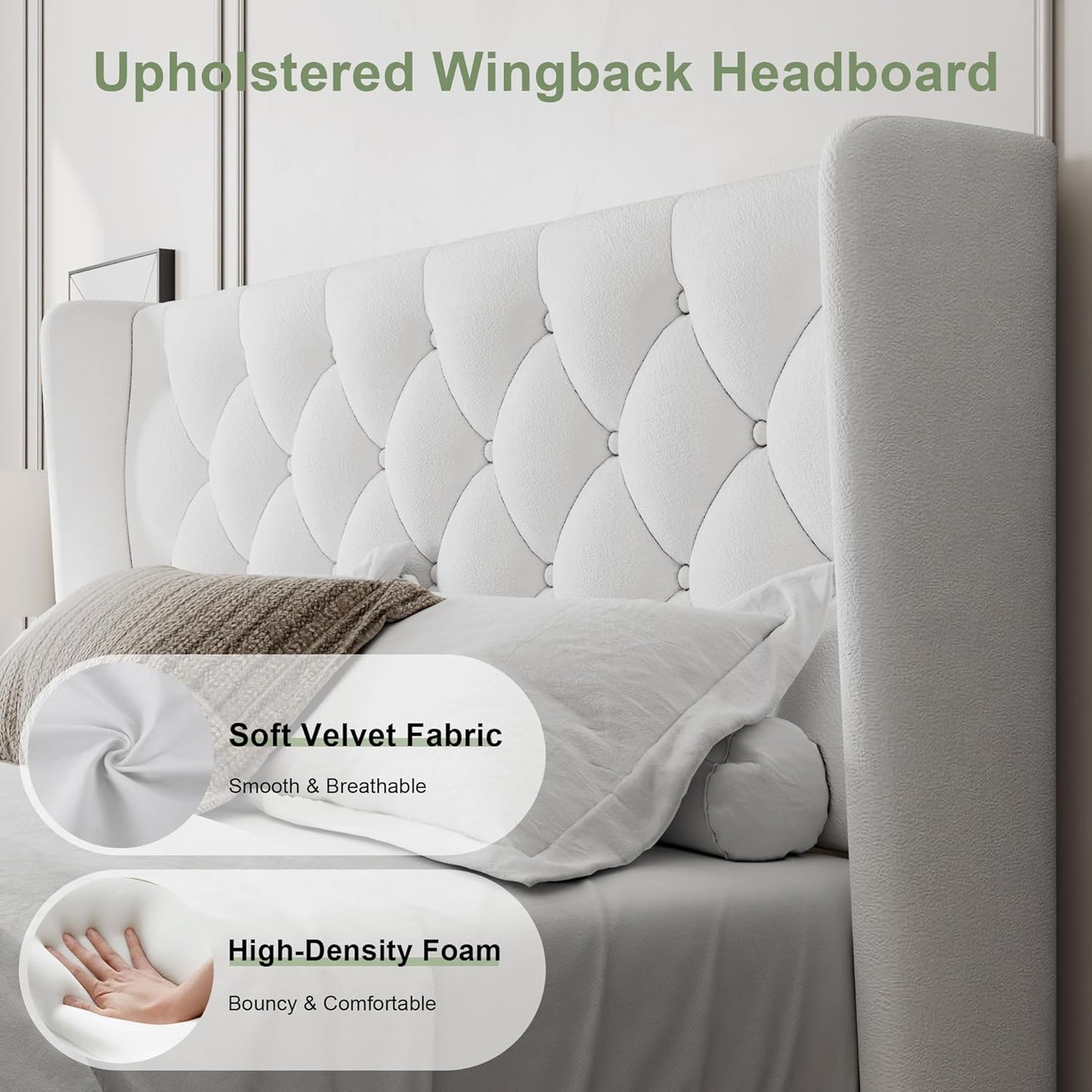 Feonase Queen Size Bed Frame with Diamond Tufted Wingback Headboard, Upholstered Platform Bed, Sturdy Wooden Slats Support, Noise-Free, No Box Spring Needed, Easy Assembly, White