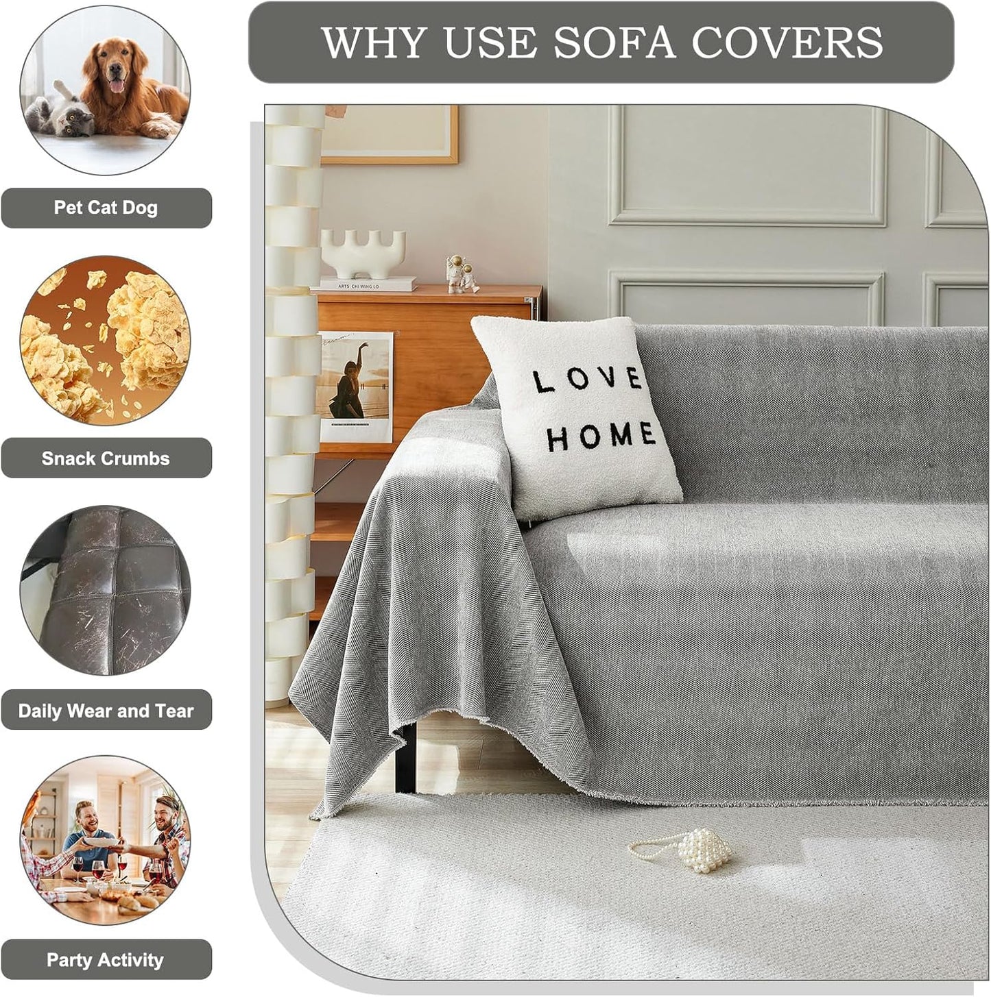 STACYPIK Soft Dark Gray Couch Cover for Pets, Herringbone Jacquard Sofa Covers for 3 Cushion Couch,Skin-Friendly Washable Sofa Covers for Loveseat, Non Slip Sectional Sofa Blanket Cover-91X150IN