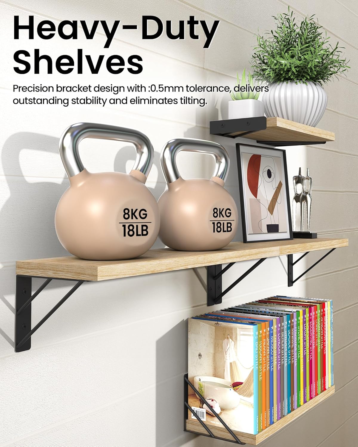 BAYKA Wall Shelves for Bedroom Decor, Floating Wall Shelves for Living Room Kitchen Storage, Wall Mounted Rustic Shelves for Kids Books, Corner Shelf for Bathroom(Carbonized Brown,Set of 4)