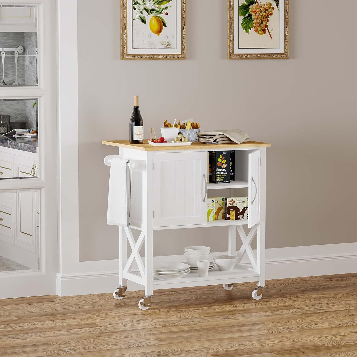 Spirich Kitchen Island on Wheels, Rolling Kitchen Cart with Storage Cabinet, Small Kitchen Island with Drop Leaf and Towel Rack for Dining Room, White