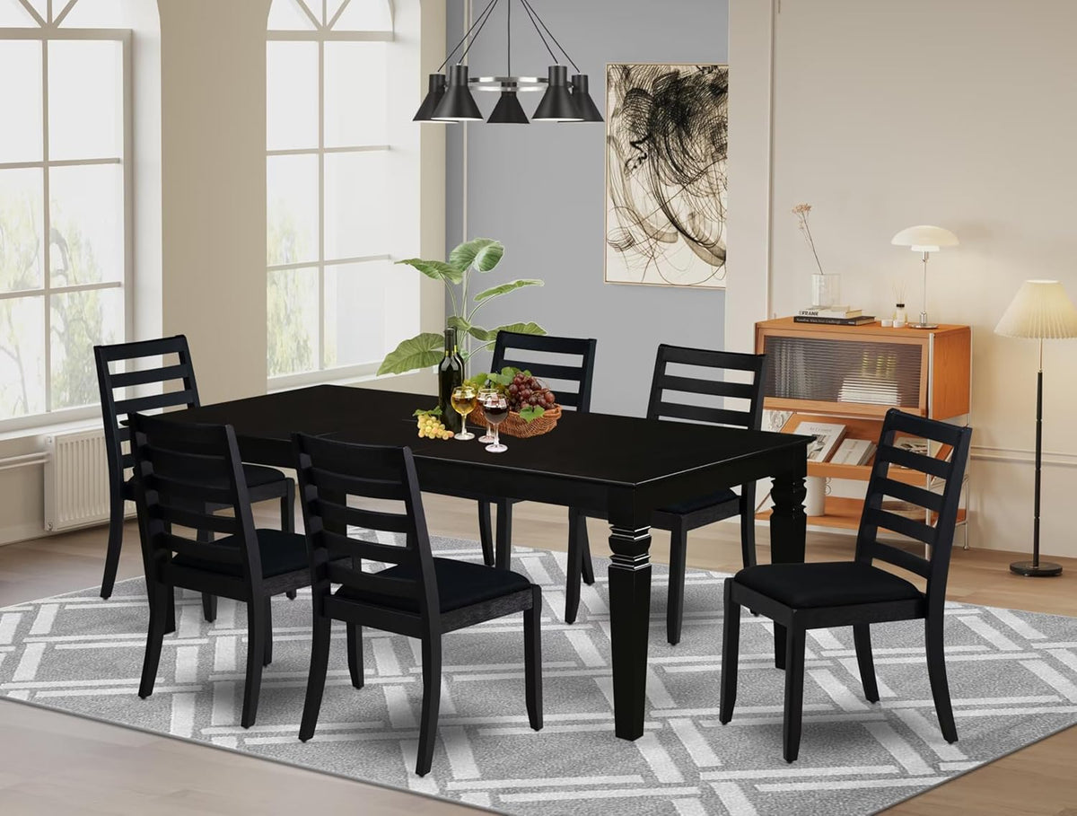 East West Furniture LGX17-BLK-24 -7 Piece Dining Set Includes a Rectangular Kitchen Table with Black Tabletop and 6 Stackable Polyester Fabric Chairs, Black