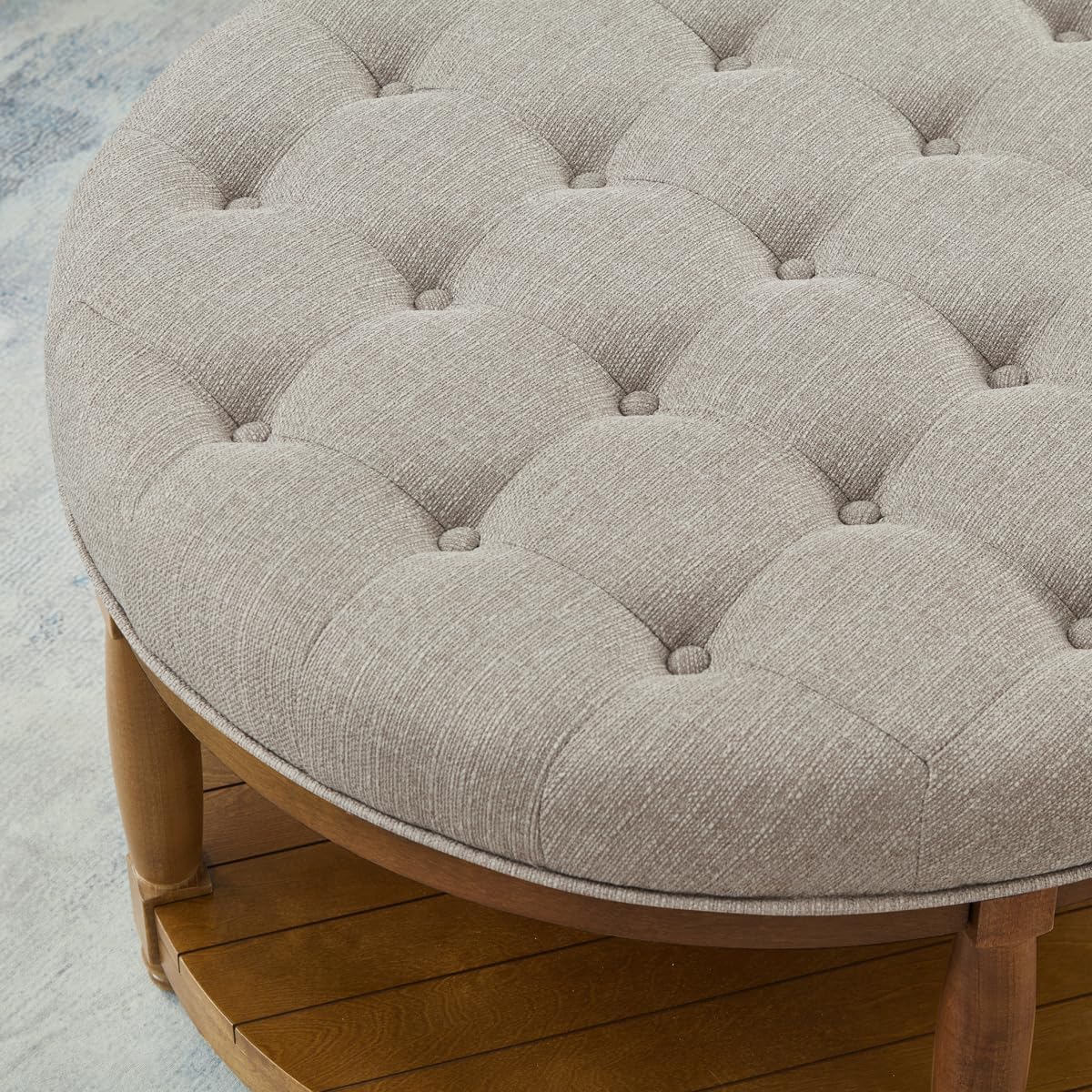 24KF Upholstered Round Coffee Table with Wooden Shelf, Tufted Button Large Round Ottoman with Spindle Wooden Legs, Linen Large Footrest Ottoman Pouf for Living Room, Linen