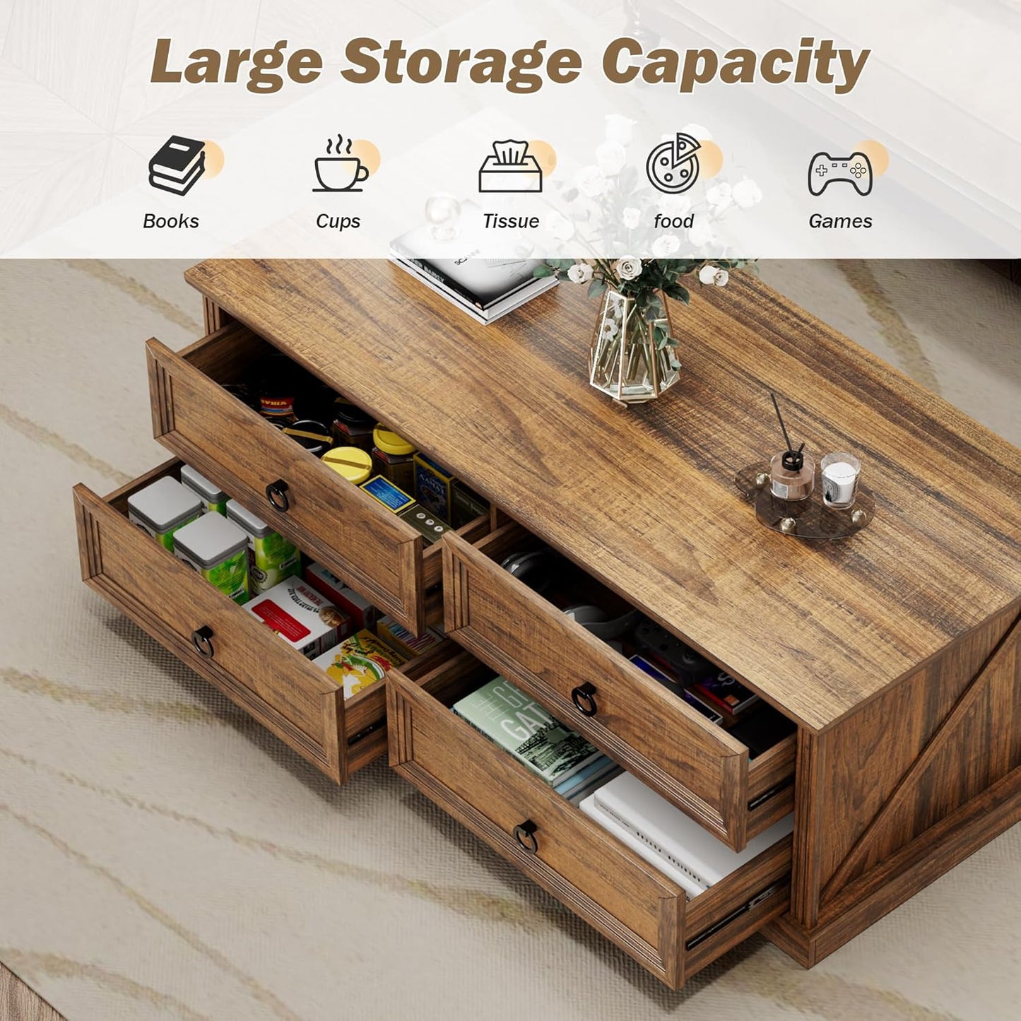 Rustic Coffee Table with Drawers 47 inch Living Room Tables with Storage, Wooden Center Table for Reading Playing Room Home Accent Table for Dining Room Apartment, Walnut