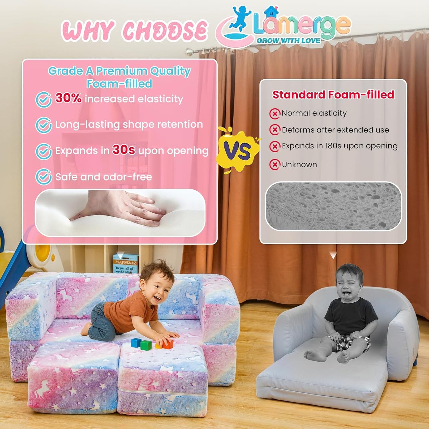 Lamerge Toddler Couch Glow in The Dark Toddler Fold Out Couch for playroom, Convertible Baby Fold Out Play Foam and Floor Cushion for Bedroom (Rainbow+Unicorn)
