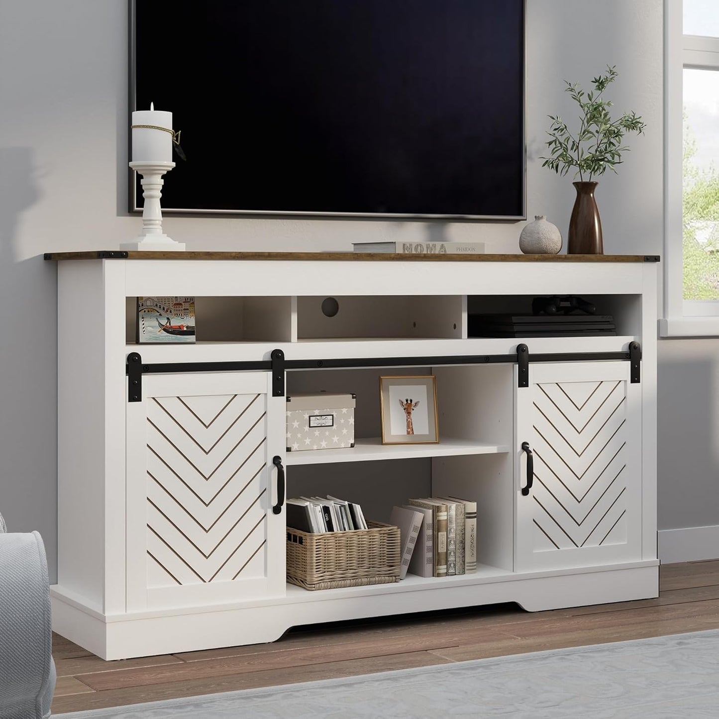 RoyalCraft Farmhouse TV Stand for 23" Electric Fireplace, Tall Entertainment Center for 65+ Inch TV, 34" Tall Rustic TV Console with Sliding Bar Door for Living Room, Wood-Tone and White