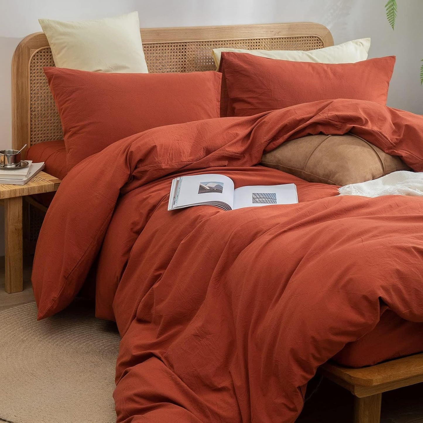 BESTOUCH Duvet Cover Set 100% Washed Cotton Linen Feel Super Soft Comfortable Chic Lightweight 3 PCs Home Bedding Set Solid Burnt Brick Red Oversized Full