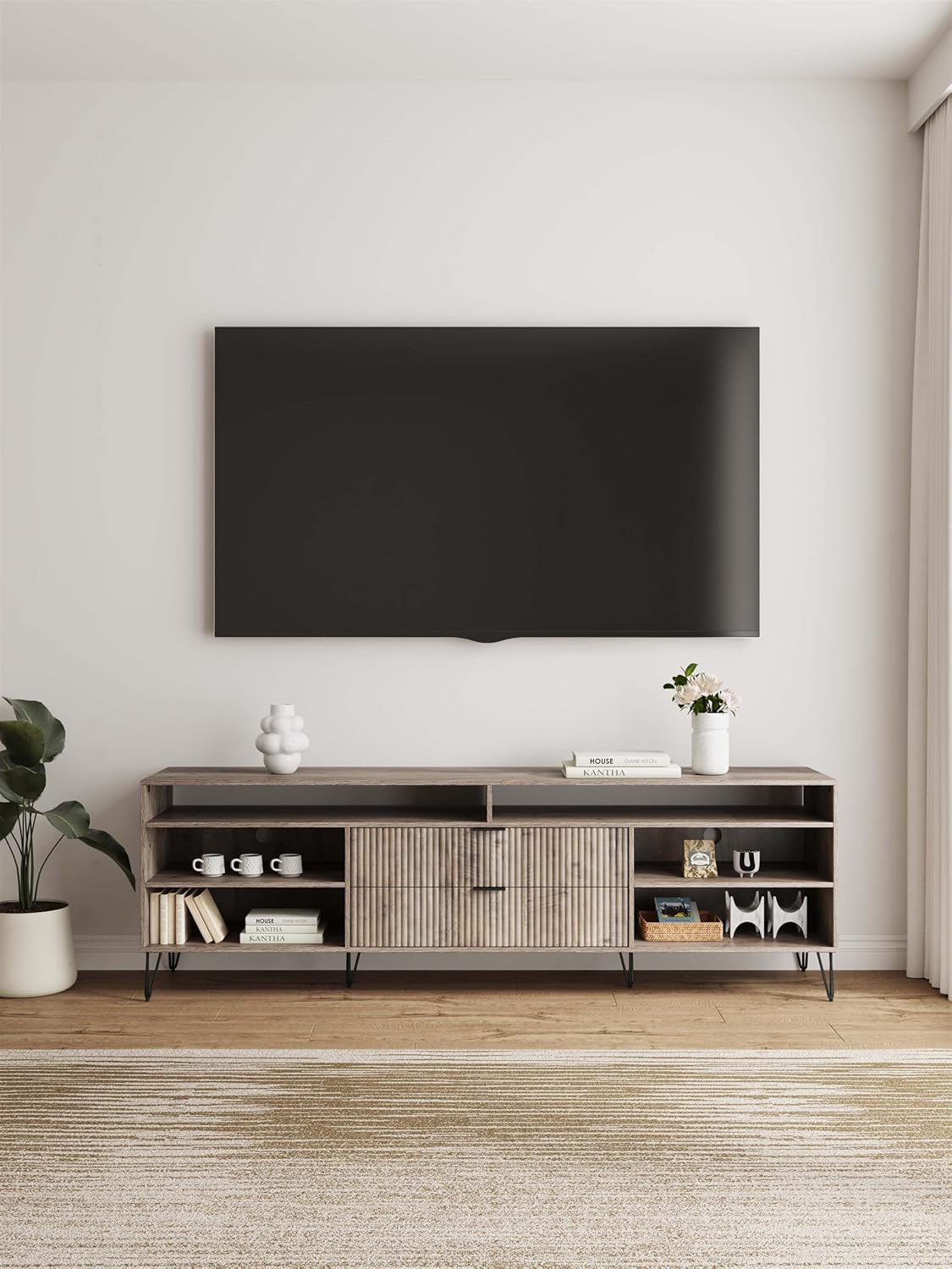 Manhattan Comfort Dumbo Mid Century Modern TV Stand for Televisions up to 80 Inches, Home Entertainment Center with Storage, 6 Shelves, 2 Drawers, No Tool Assembly, 85" Wide, Rustic Grey