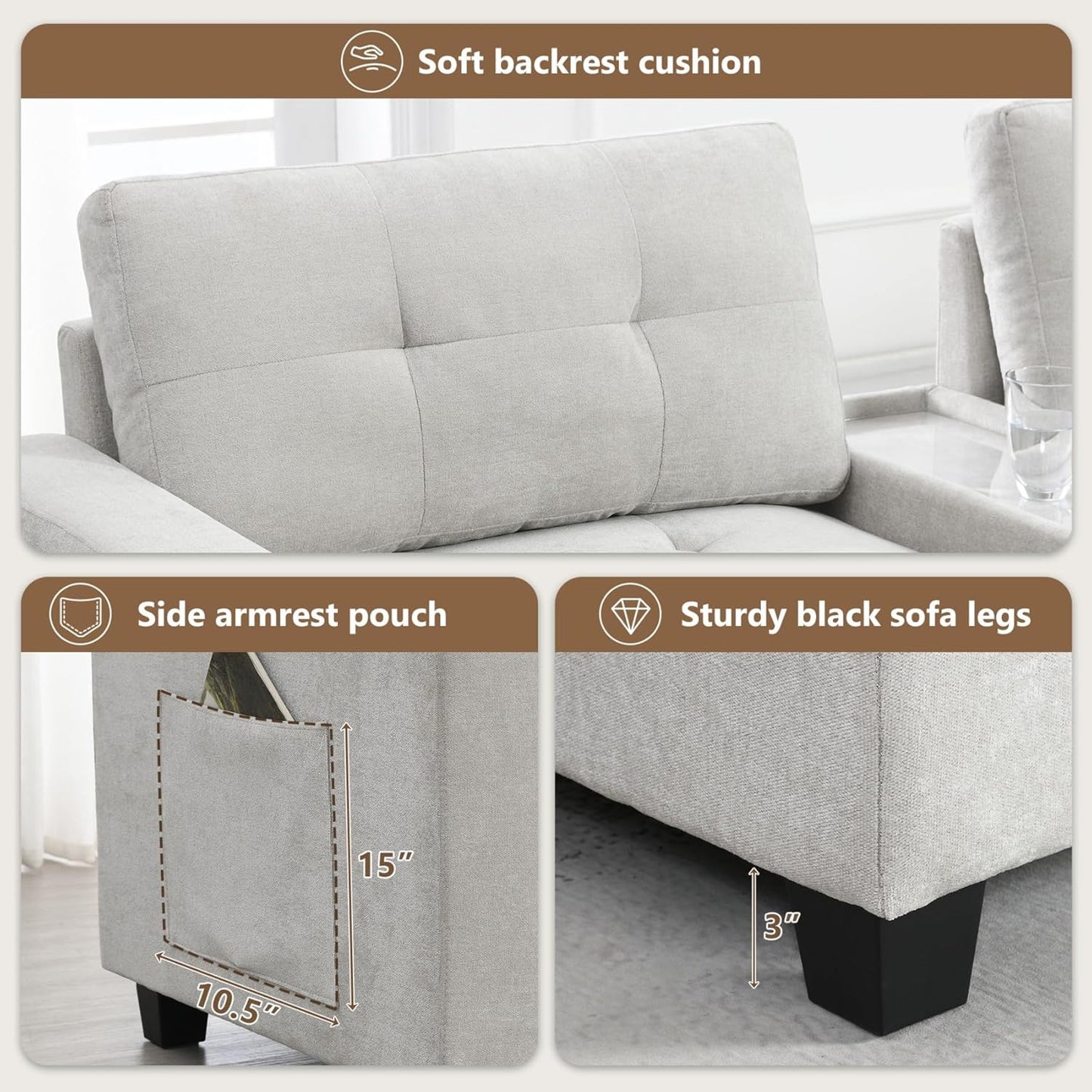 Merax 104 * 104" Chenille Sectional Couches with 2 Acrylic Consoles, Upholstered Modular Tufted Sofa Chaise with Ottoman, Storage Drawers, Pockets, USB Charger & Cup Holders for Living Room Apartment