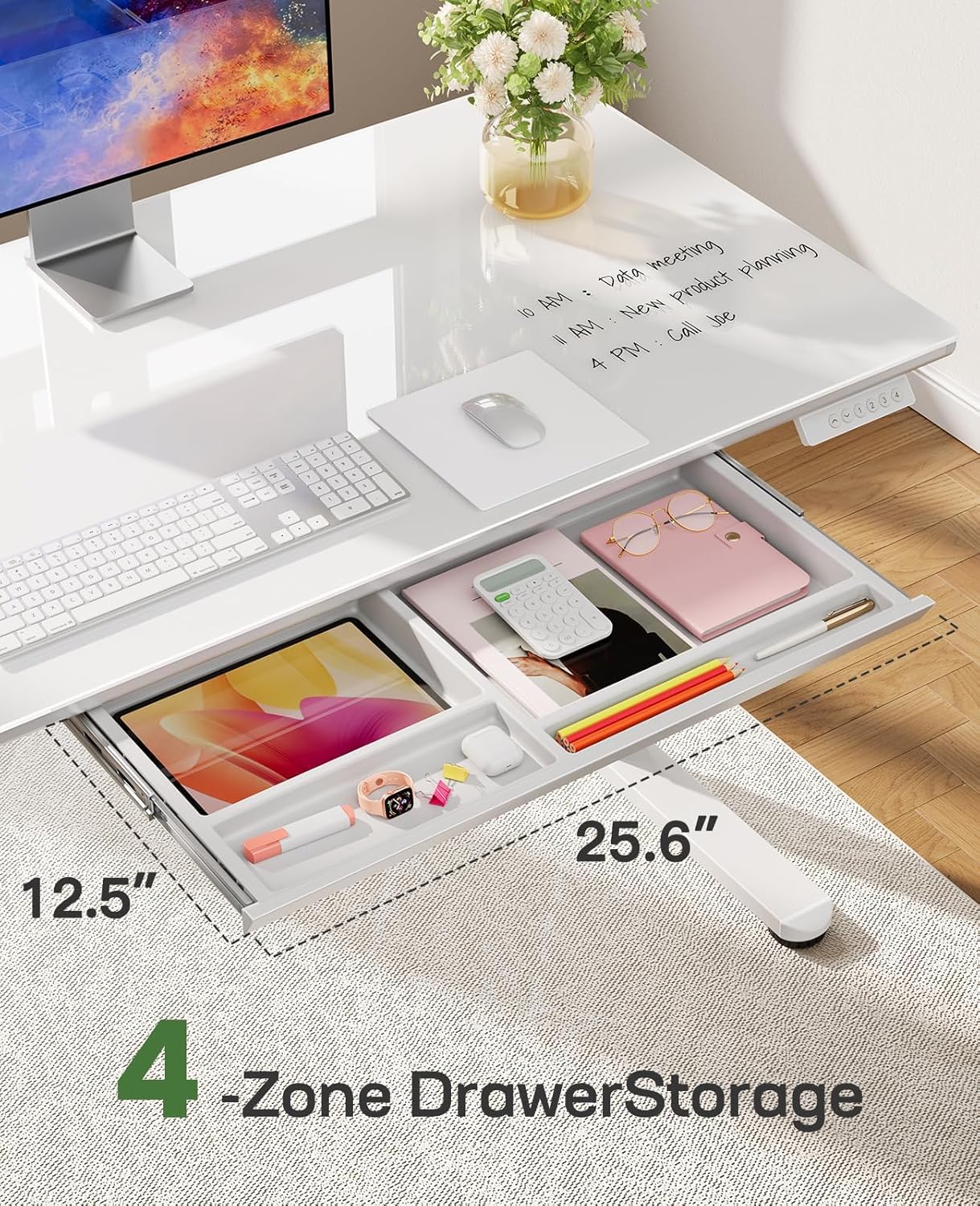 Marsail Glass Electric Standing Desk with Drawer, 40 x 24 Inches Height-Adjustable Desk, One-Piece Tempered Glass Top, Ergonomic Home Office Sit Stand Desk with 4 Preset Heights, White