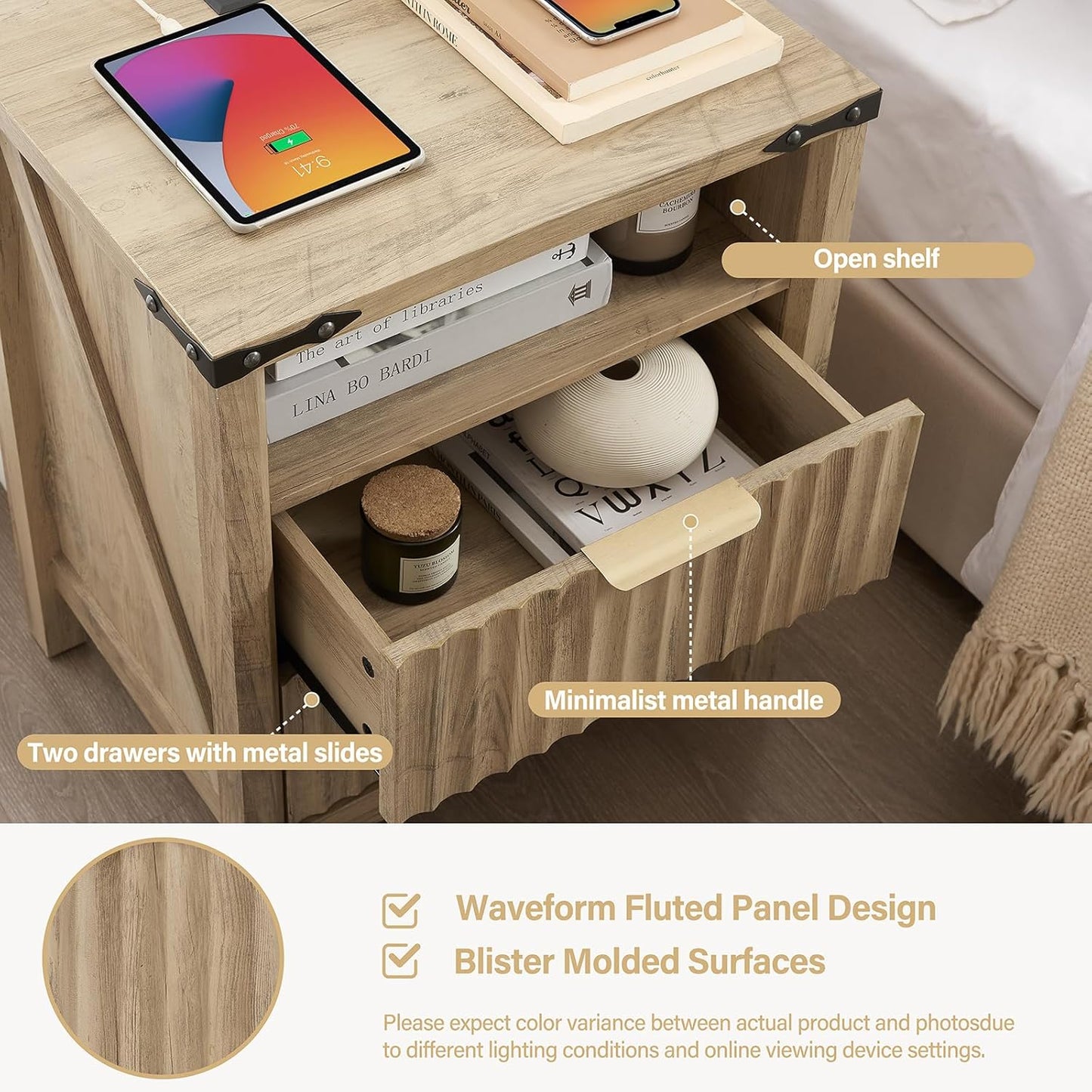 Fluted Nightstand with Charging Station - 20 Inch Wide Farmhouse Bedside Table with 2 Drawers, Modern Wood End Side Table for Bedroom Study Storage Home (Sunwashed Ash Oak)