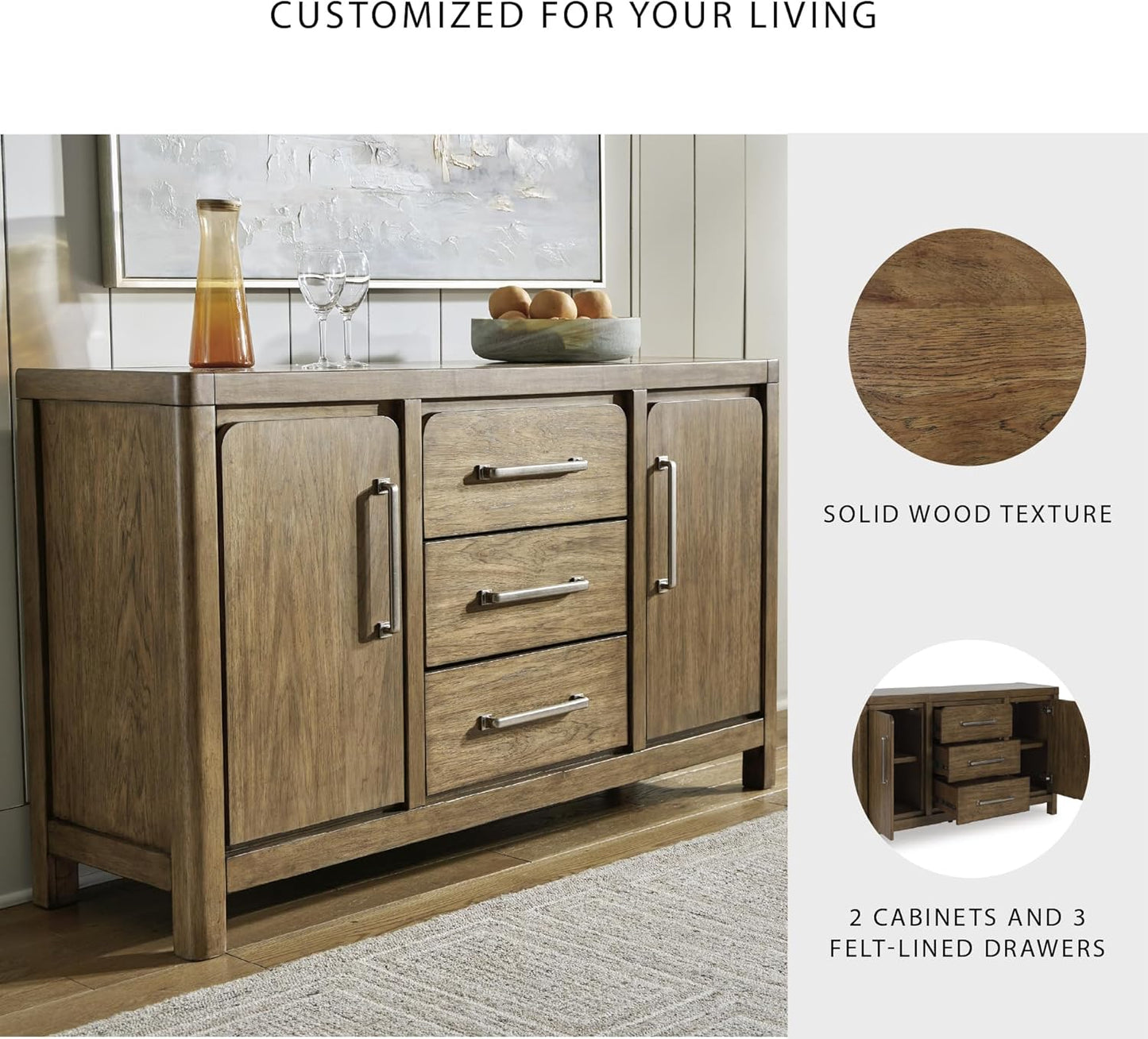 Signature Design by Ashley Cabalynn Farmhouse Glazed 2-Door Dining Server with Adjustable Shelves and 3 Drawers, Light Brown