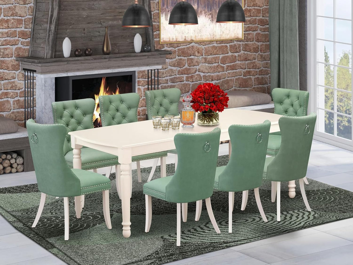 East West Furniture DODA9-LWH-22 9 Piece Kitchen Set Consists of a Rectangle Dining Table with Butterfly Leaf and 8 Polyester Fabric Padded Chairs, Linen White