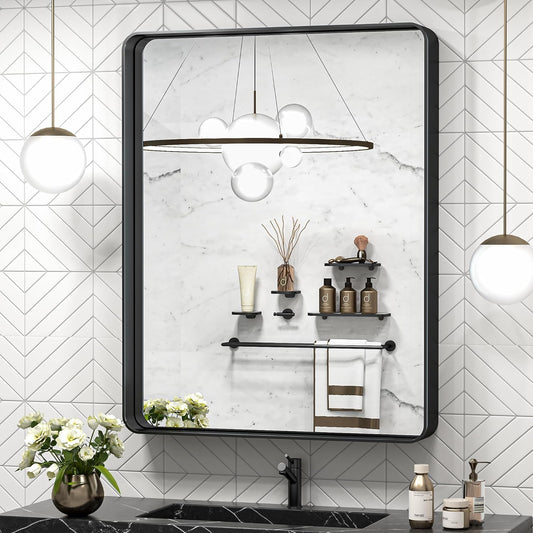TokeShimi 30 x 36 Inch Black Bathroom Mirror for Wall Vanity Mirror with Non-Rusting Aluminum Alloy Metal Frame Rounded Corner for Modern Farmhouse Home Decor (Horizontal/Vertical)