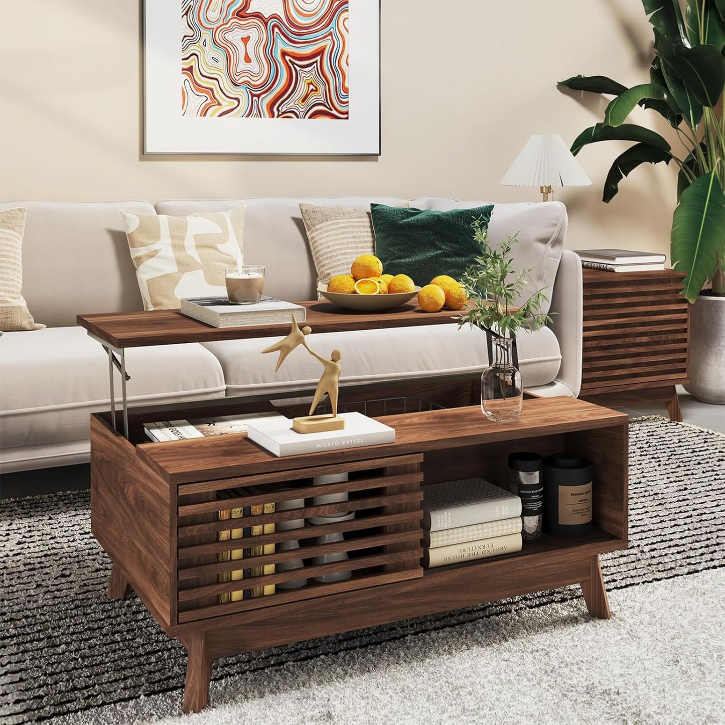 HAIOOU Lift Top Coffee Table, Mid Century Modern Coffee Table with Storage for Living Room, Walnut Coffee Tables with Sliding Fence Door, 35.4'' Rectangular Fluted Center Table (Brown)