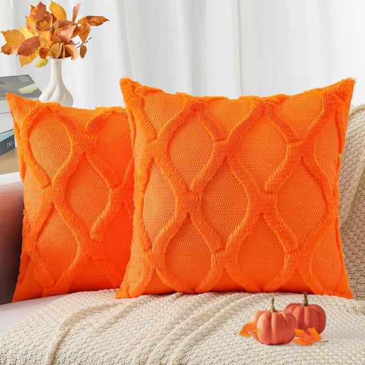 decorUhome Fall Throw Pillow Covers 26x26 Inch Set of 2, Soft Plush Faux Fur Wool Orange Couch Pillow Covers, Decorative Neutral Pillow Cases for Bed Sofa Living Room Home Decor