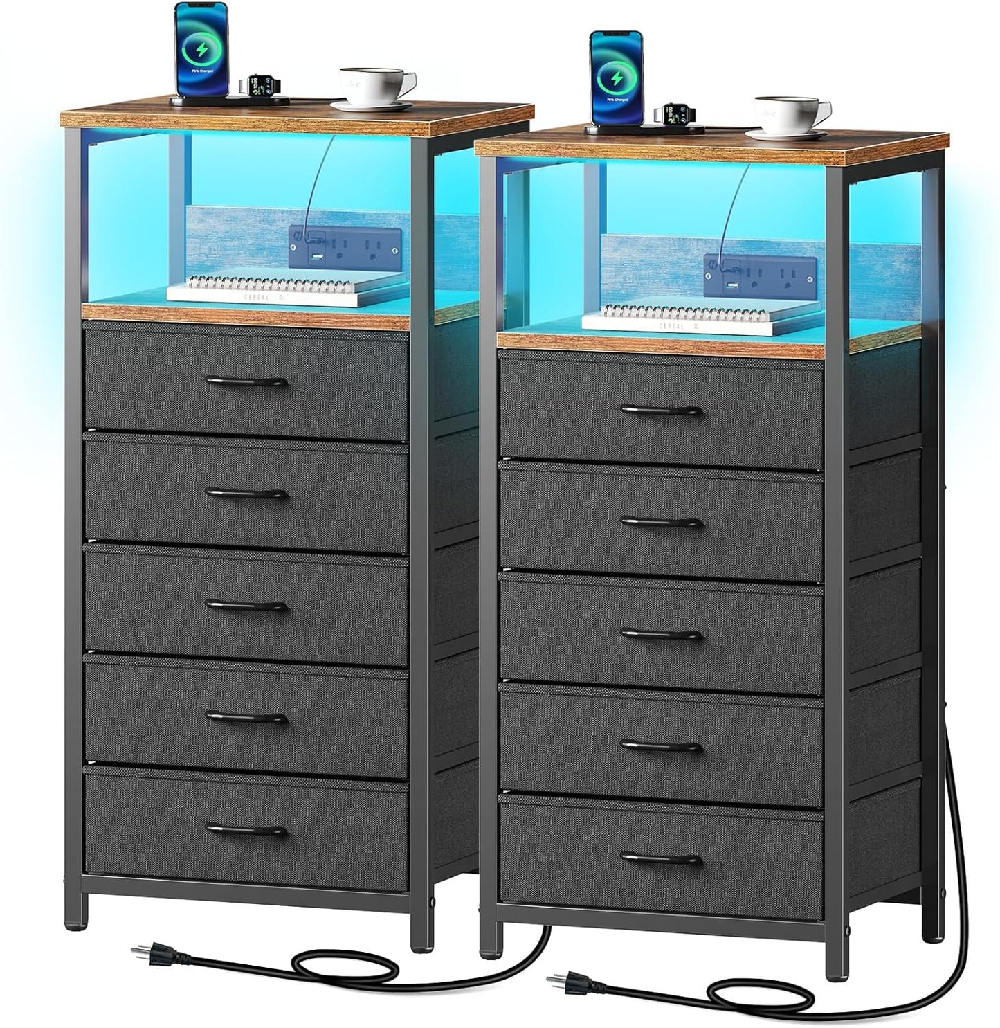 Seventable Night Stand with Charging Station, Tall Nightstand with 5 Fabric Storage Drawers, Side Table with LED Light for Bedroom, Entryway, Rustic Brown, Set of 2