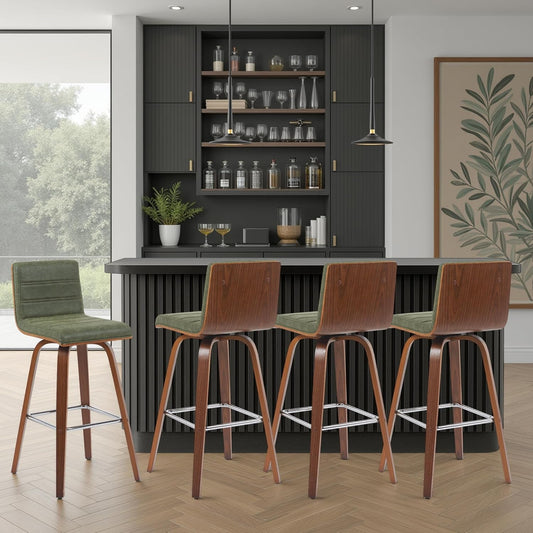 Vienna Modern Swivel Bar Height Stool with Vintage Green Upholstered Seat and Walnut Finished Wood Frame Set of 4