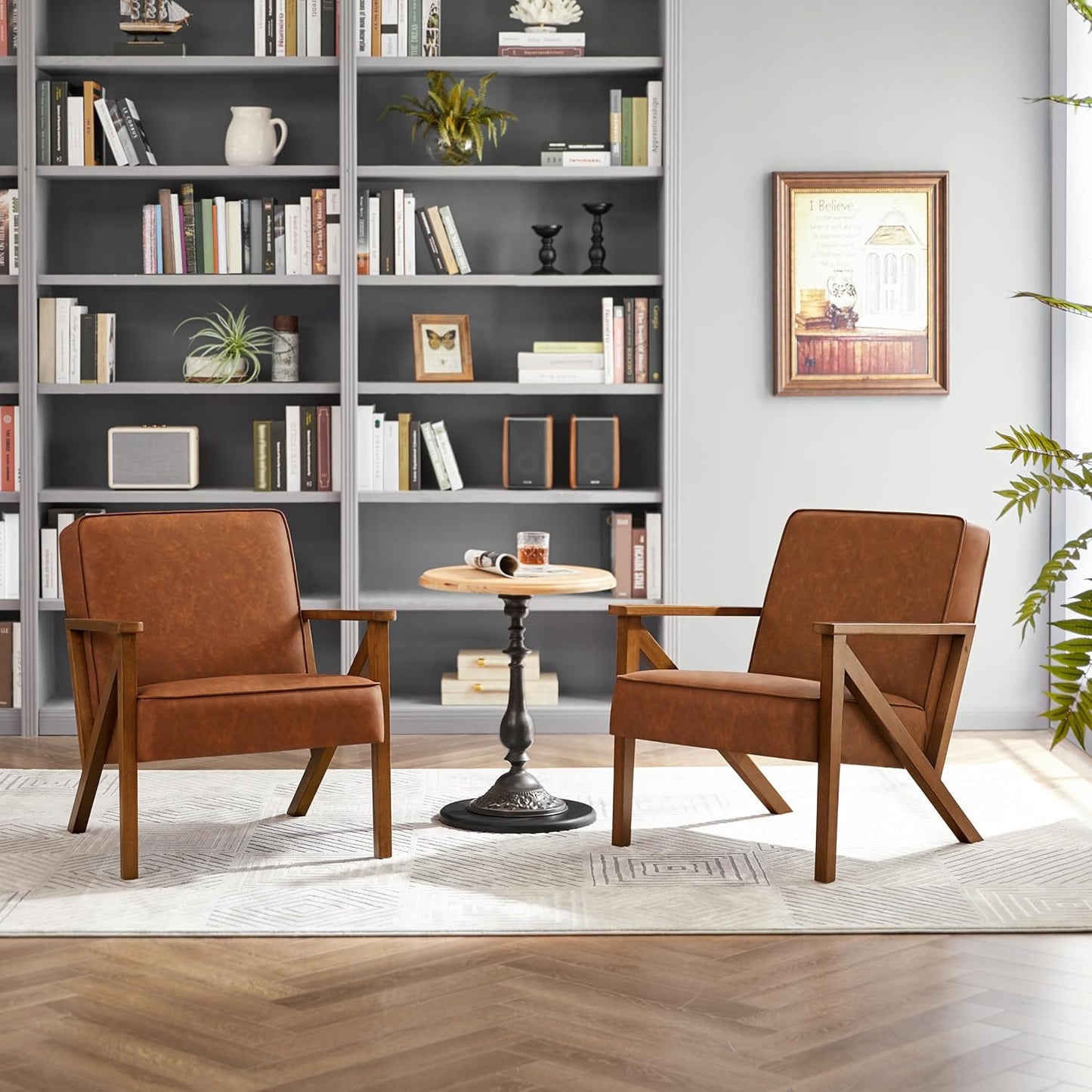 Yaheetech Accent Chair, Armchair with Strong Wood Frame, PU Leather Modern Retro Lounge Chair for Living Room/Lounge/Office/Reception Area, 2 Pieces, Light Brown