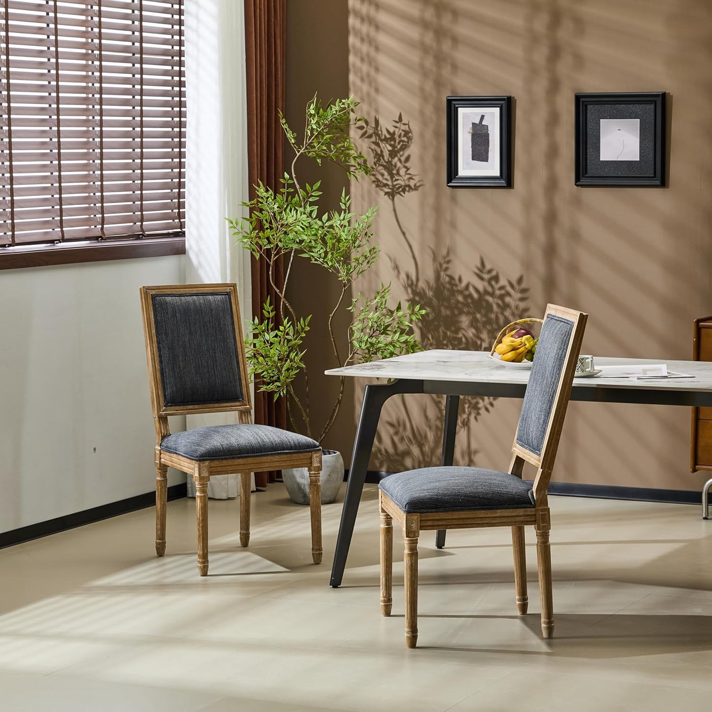 Christopher Knight Home Regina French Country Dining Chairs Set of 2, Wooden Dining Room Chair, High Back Kitchen Side Chair, Fabric Upholstered Armless Extra Seat, Blue Grey