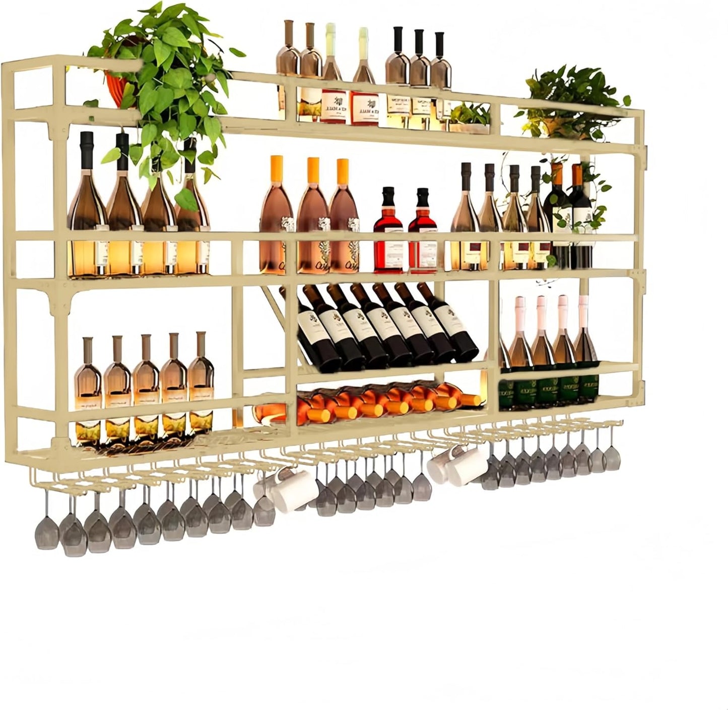 Metal Wall-Mounted Wine Rack with LED Light - 3 Tier Wine Storage Display Rack with Glass Holder - Space-Saving Bottle Display Shelf for Home Bars, Dining Rooms(Gold, 31in/80cm)