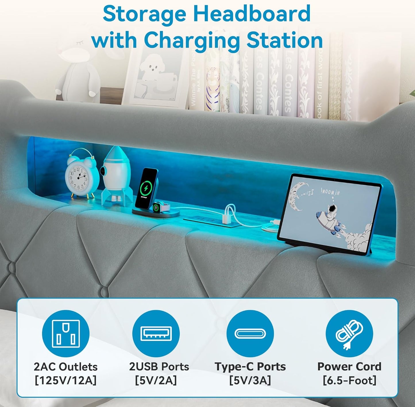 Full Upholstered LED Bed Frame with 2 Storage Drawers and 2-Tier Storage Headboard, Velvet Platform Bed with Charging Station & Bookcase, Heavy Duty Metal Support, No Box Spring Needed, Grey