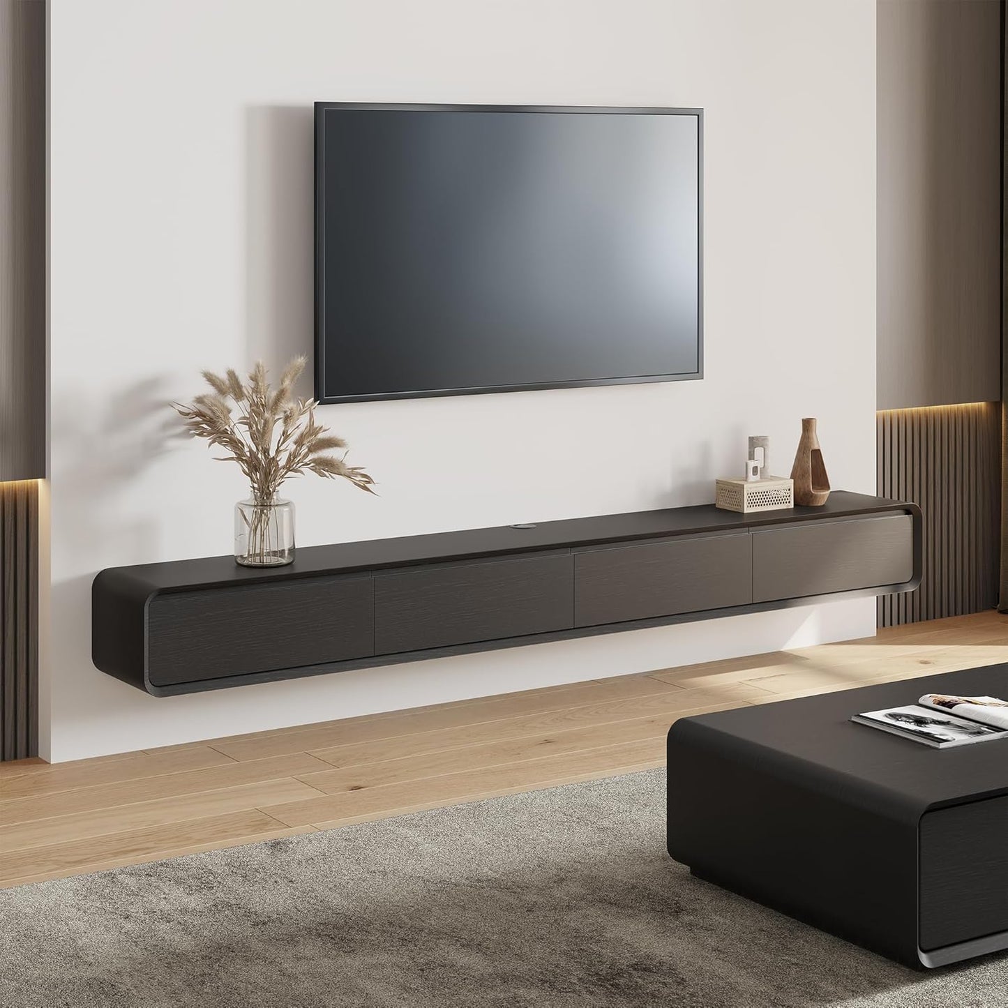 Fully-Assembled Minimalist Floating TV Stand, Modern Wall-Mounted Entertainment Center with 4 Flip-Down Cabinet Doors, Solid Wood Media Console, Black Oak, 94"