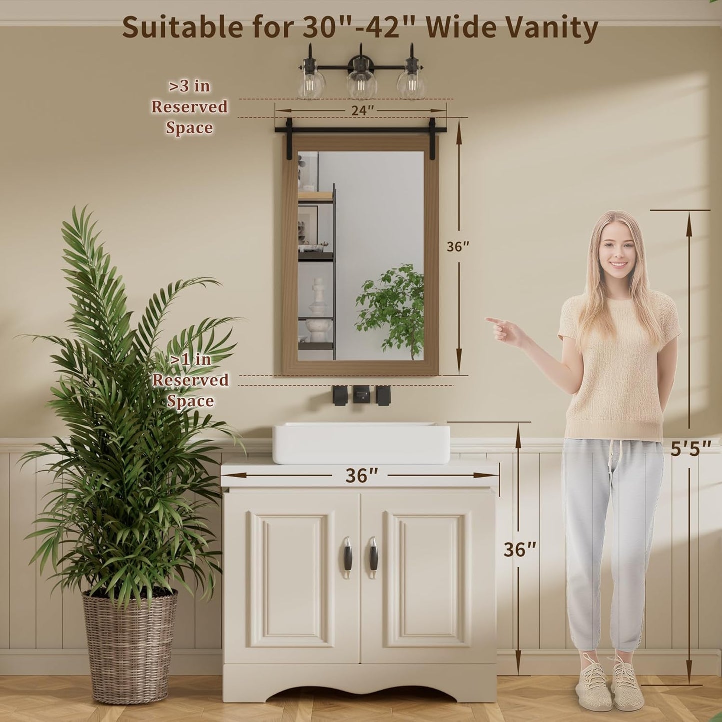 Farmhouse Wall Mirror, Rustic Wood Frame Bathroom Mirror Barn Door Inspired Decorative Vanity Dress Mirrors for Living Room Entryway, 24x36 INCH Brown