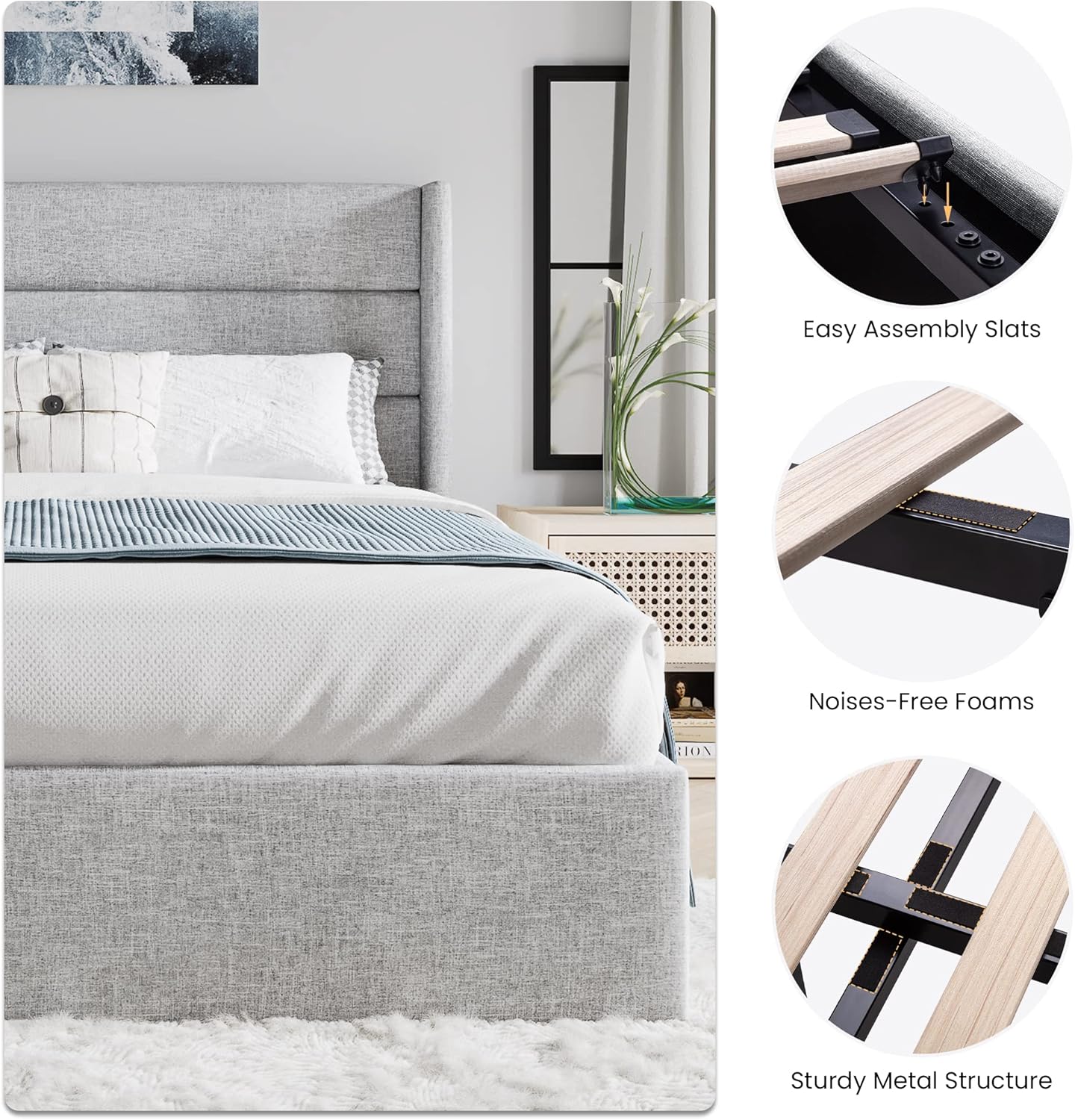 SHA CERLIN Queen Size Lift Up Storage Bed/Modern Wingback Headboard/Upholstered Platform Bed Frame/Hydraulic Storage/No Box Spring Needed/Wood Slats Support/Light Grey