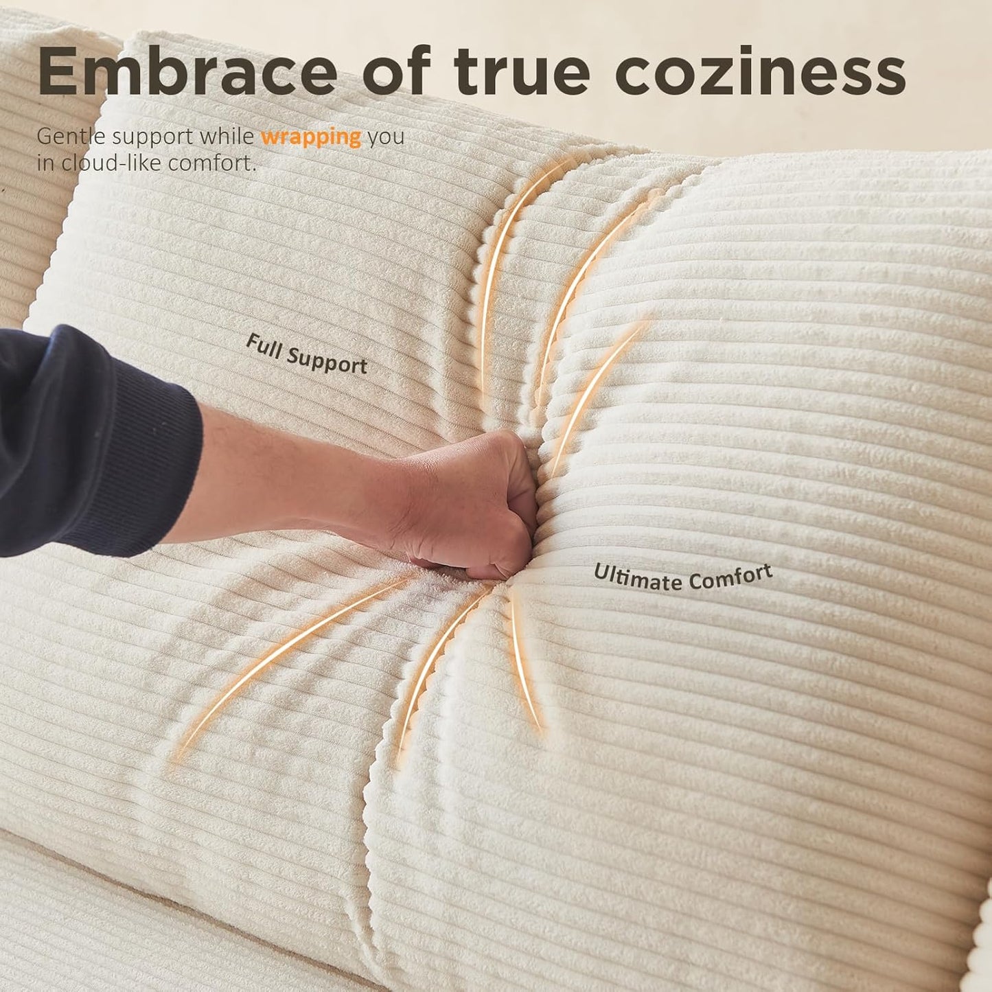 INGEROOM 108" Cloud Sectional Couch, Modular Sectional Sofa with L-Shaped Chaise, Modern Plush Corduroy Couch for Living Room Bedroom, No Assembly Required, Deep Seating（Beige）