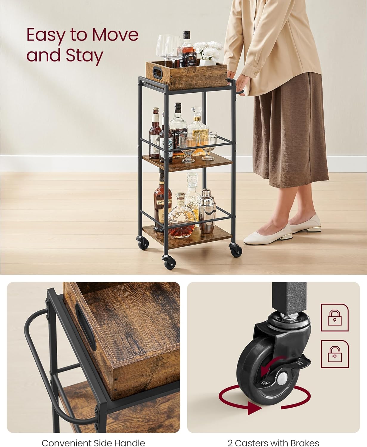 VASAGLE Kitchen Serving Cart with Removable Tray, 3-Tier Kitchen Utility Cart on Wheels with Storage, with Brakes, Leveling Feet, 11.8 x 13.7 x 33.9 Inches, Rustic Brown and Black ULRC062B01