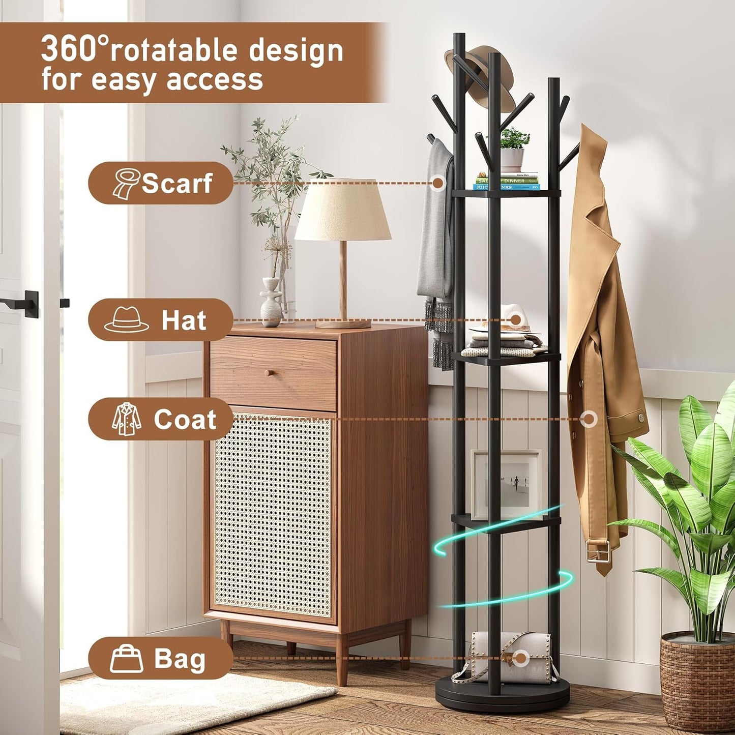 FILWH Bamboo Coat Rack Rotary Freestanding with Shelf Coat Tree Stand for Hallway Entryway with 9 Hooks and 3 Storage Shelves (Black)