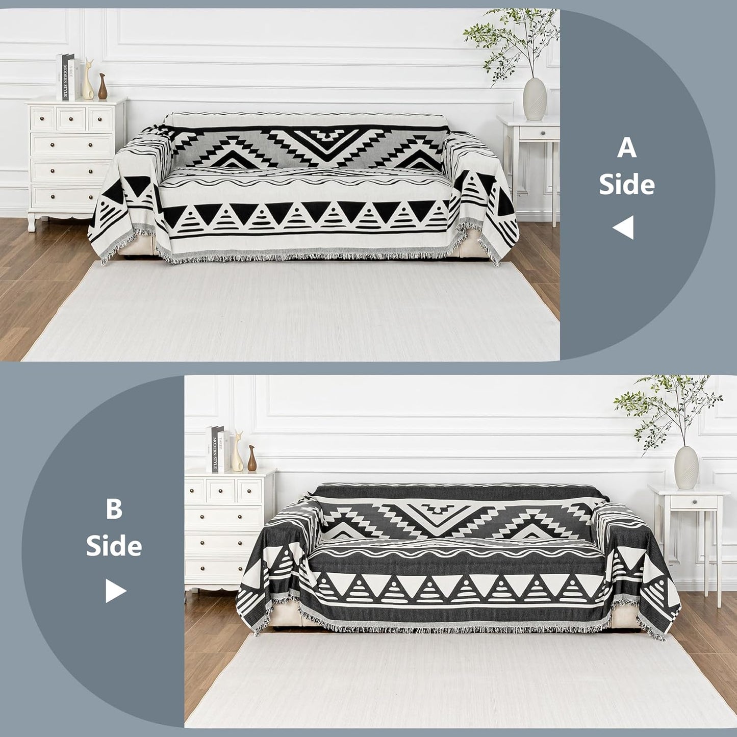 MYSKY HOME Sectional Couch Cover Black Boho Geometric Sofa Covers for Sectional Sofa L Shape Chenille Couch Protector for Dogs Pets Couch Throw Cover Washable Durable for Home Decor, 71" X118"