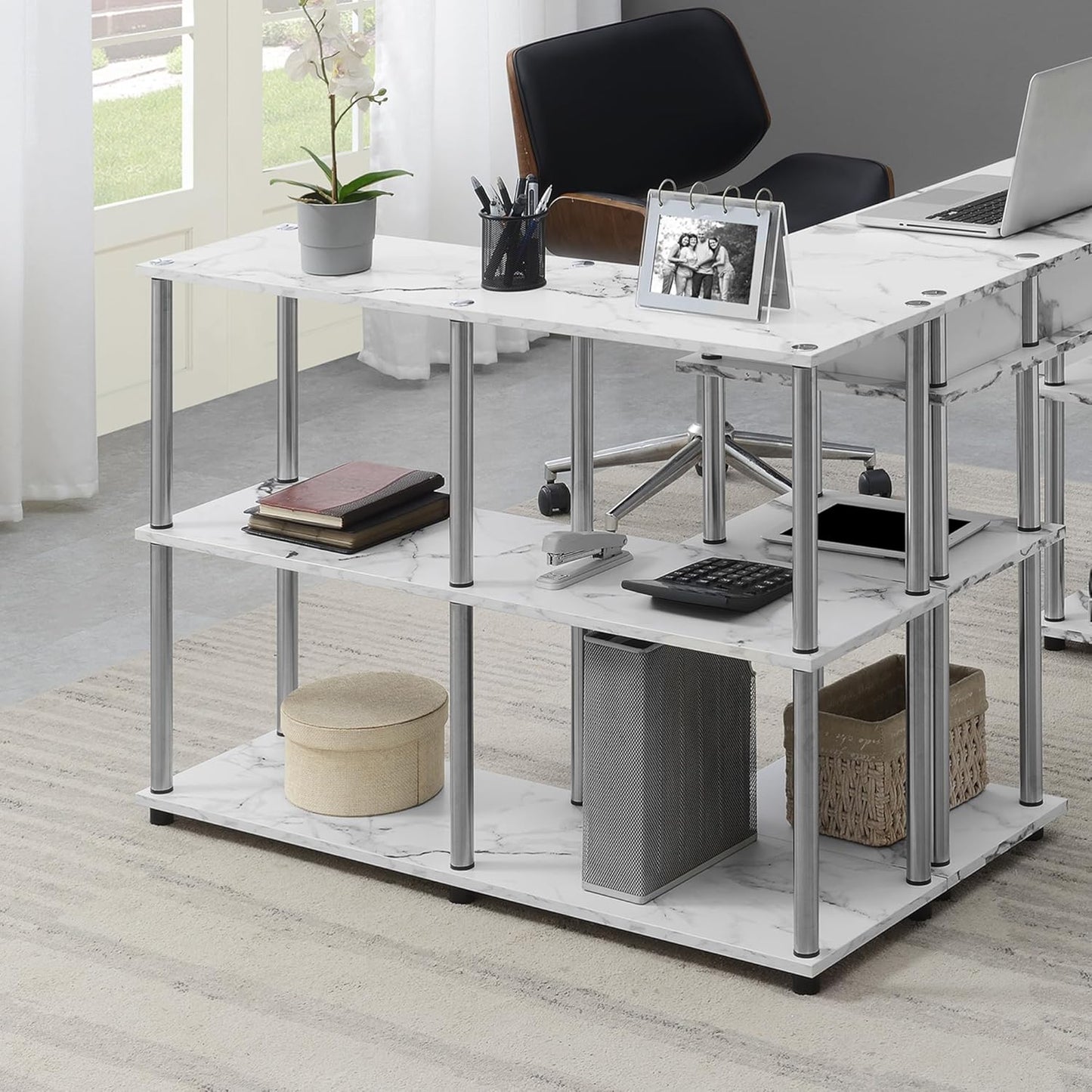 Convenience Concepts Designs2Go No Tools 3 Tier Wide Console Table 42" - Modern Accent with Shelves for TV Media Center, Office Desk Extension, Entryway Display, & Home Storage, White Faux Marble