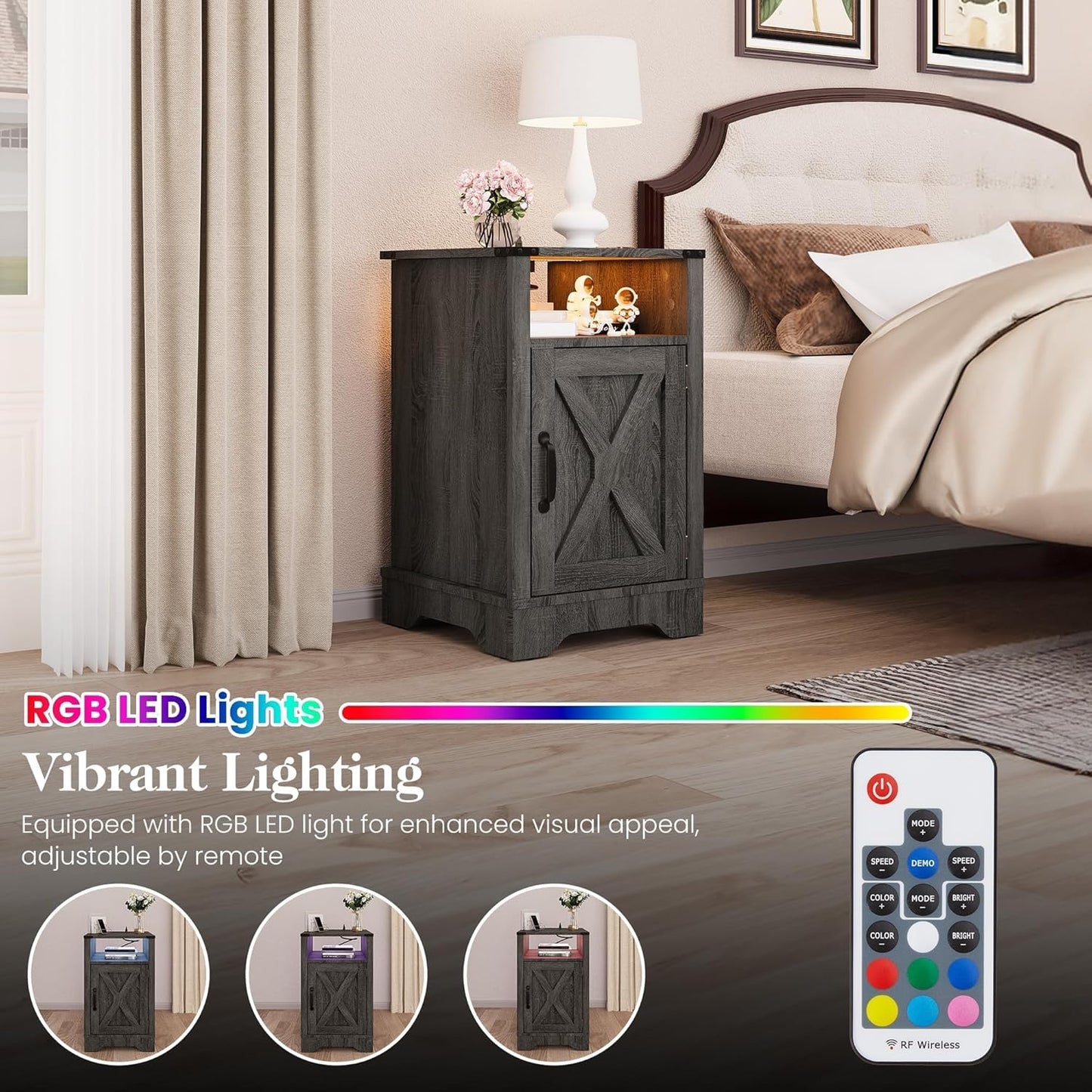 RoyalCraft Farmhouse Nightstand, Grey Night Stand with LED Lights and Charging Station, Bedside Table Set of 1 with Storage and Door, Wood End Table for Bedroom, Home Office, Dark Grey