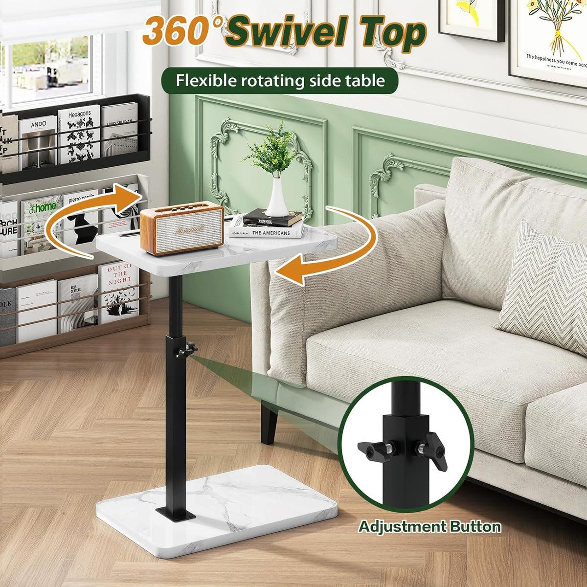 IBUYKE Tray Table for Couch, 360° Swivel Height Adjustable End Table for Small Spaces, with Phone & Tablet Slot, Modern Small Coffee Snack Table for Sofa/Bed, White with Black UTVT003BW
