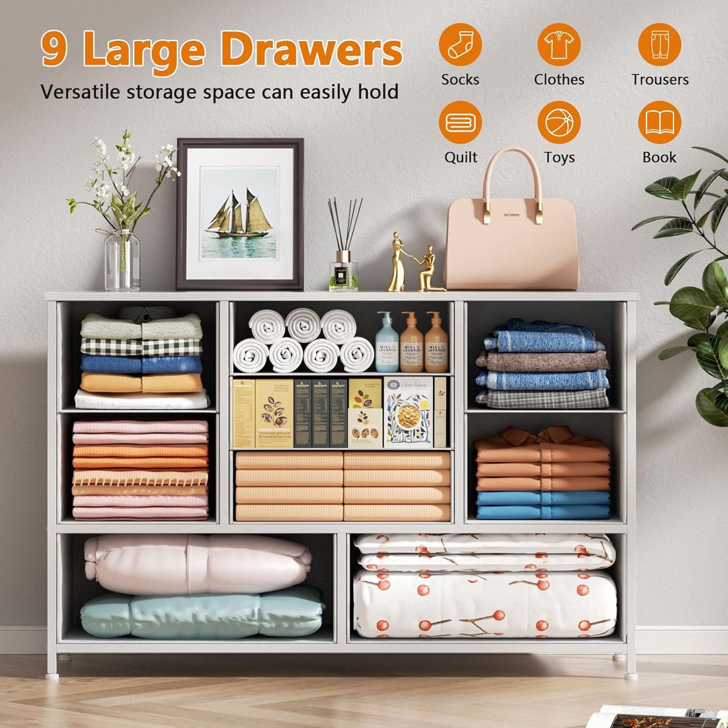 Furnulem Dresser for Bedroom with 9 Fabric Drawers for 55'' Long TV Stand Entertainment Center & Chests of Drawers, Wide Dresser Storage for Living Room, Dorm, Entryway, Sturdy Metal Frame, White