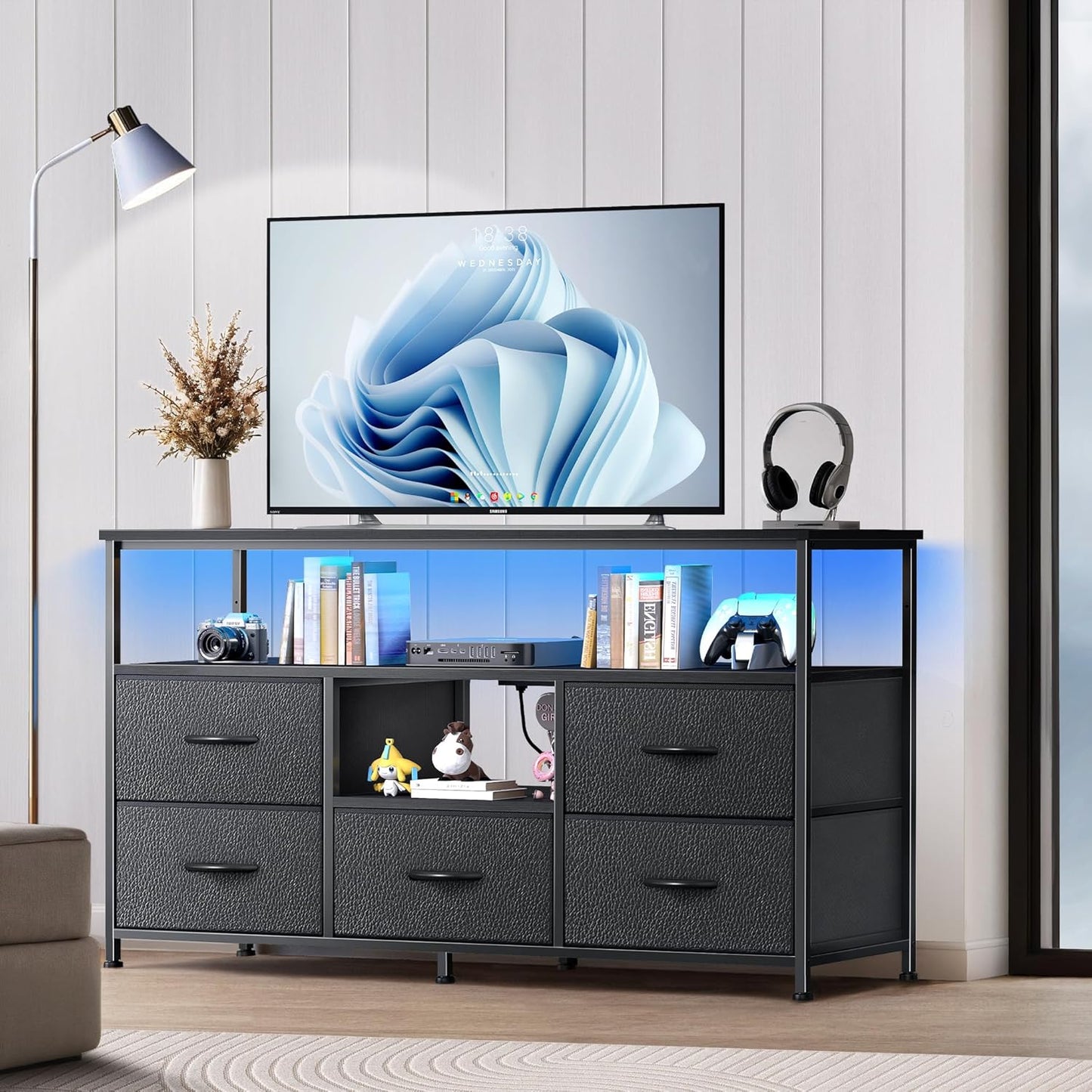 TV Stand for Bedroom, 47 Inch Dresser TV Stand for 43, 50, 55 Inch TVs, 5 Drawers Entertainment Center with Storage, LED Lights & Power Outlets, Media TV Console Table for Living Room, Black