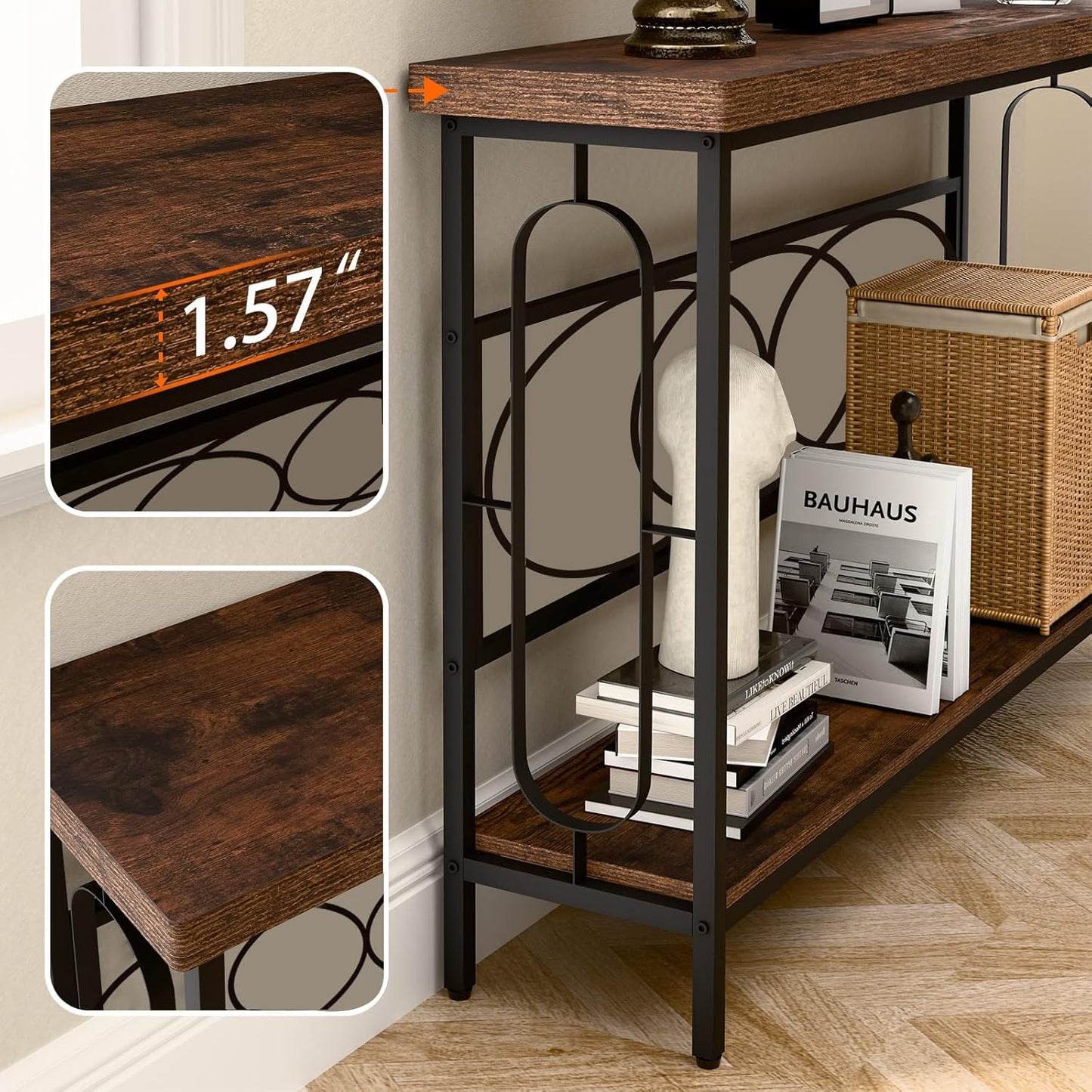 Industrial Console Table for Entryway, Rustic Console Table Behind Couch, 2 Tier Sofa Tables for Home Living Room, Hallway, Entrance, with Metal Frame(48 inches)