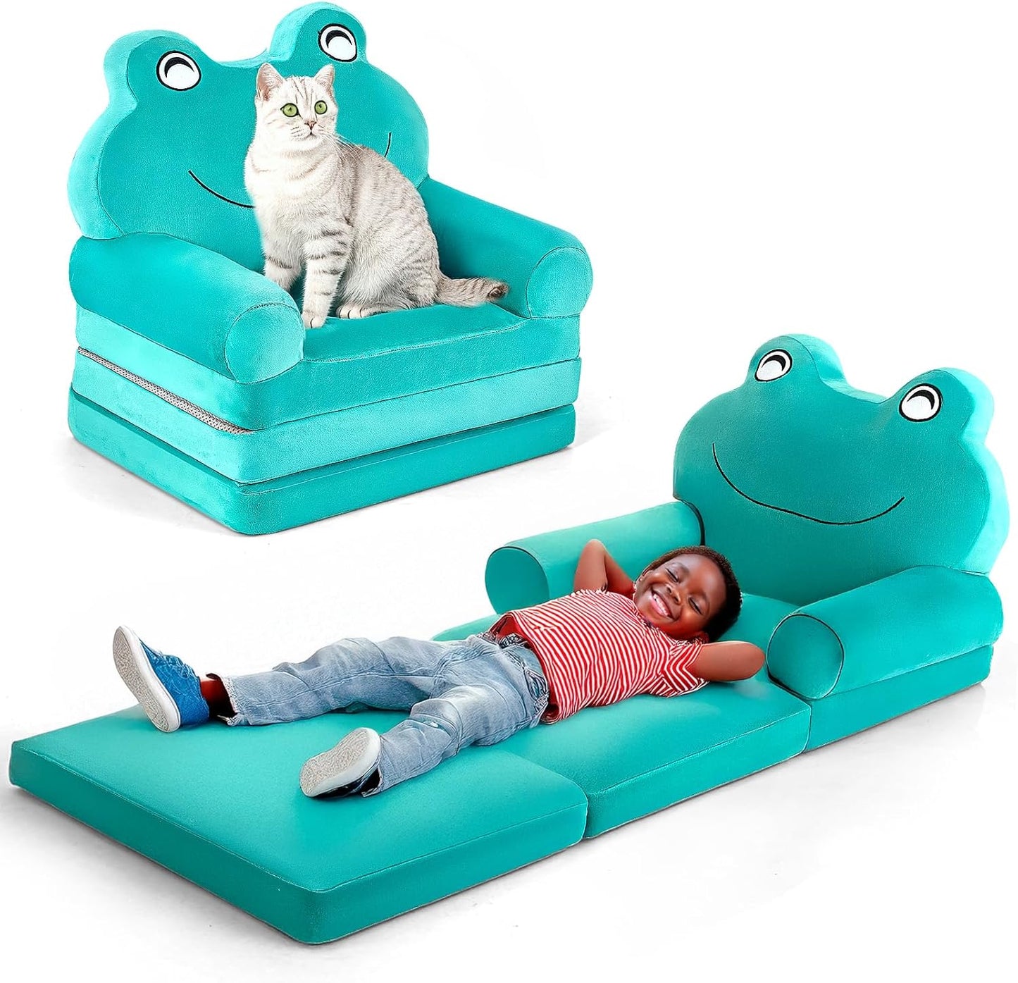 Kids Sofa Comfy, Adorable Animal Toddler Chair, Foldable Kids Couch with Removable Washable Cover, Soft & Breathable Fabric, No Assembly Needed, Foldable Baby Sofa(Green Frog)