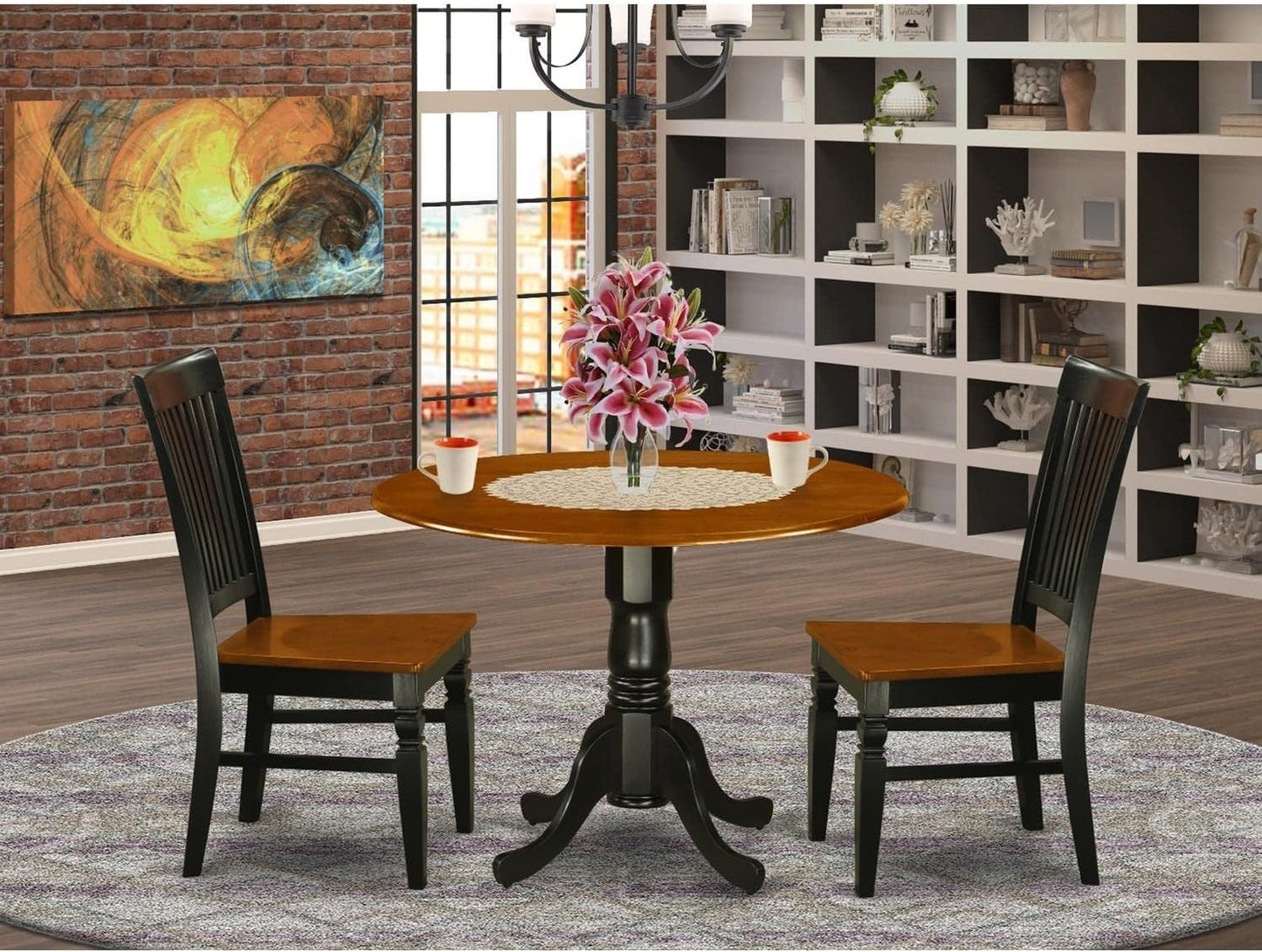 East West Furniture DLWE3-BCH-W 3 Piece Kitchen Table & Chairs Set Contains a Round Dining Table with Dropleaf and 2 Dining Room Chairs, 42x42 Inch, Black & Cherry