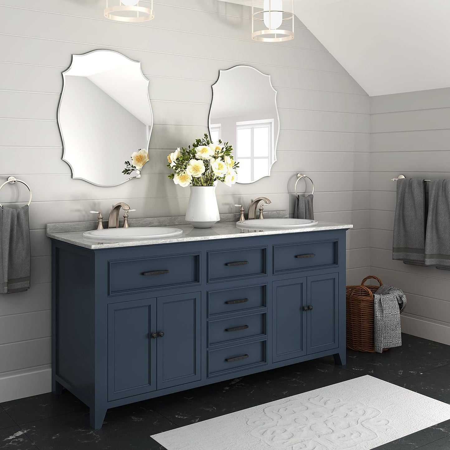 KOHROS Scalloped Beveled Edge Bathroom Mirrors for Over Sink 18" x 24" Silver Frameless Wall Mirror for Bathroom Vanity Entryway