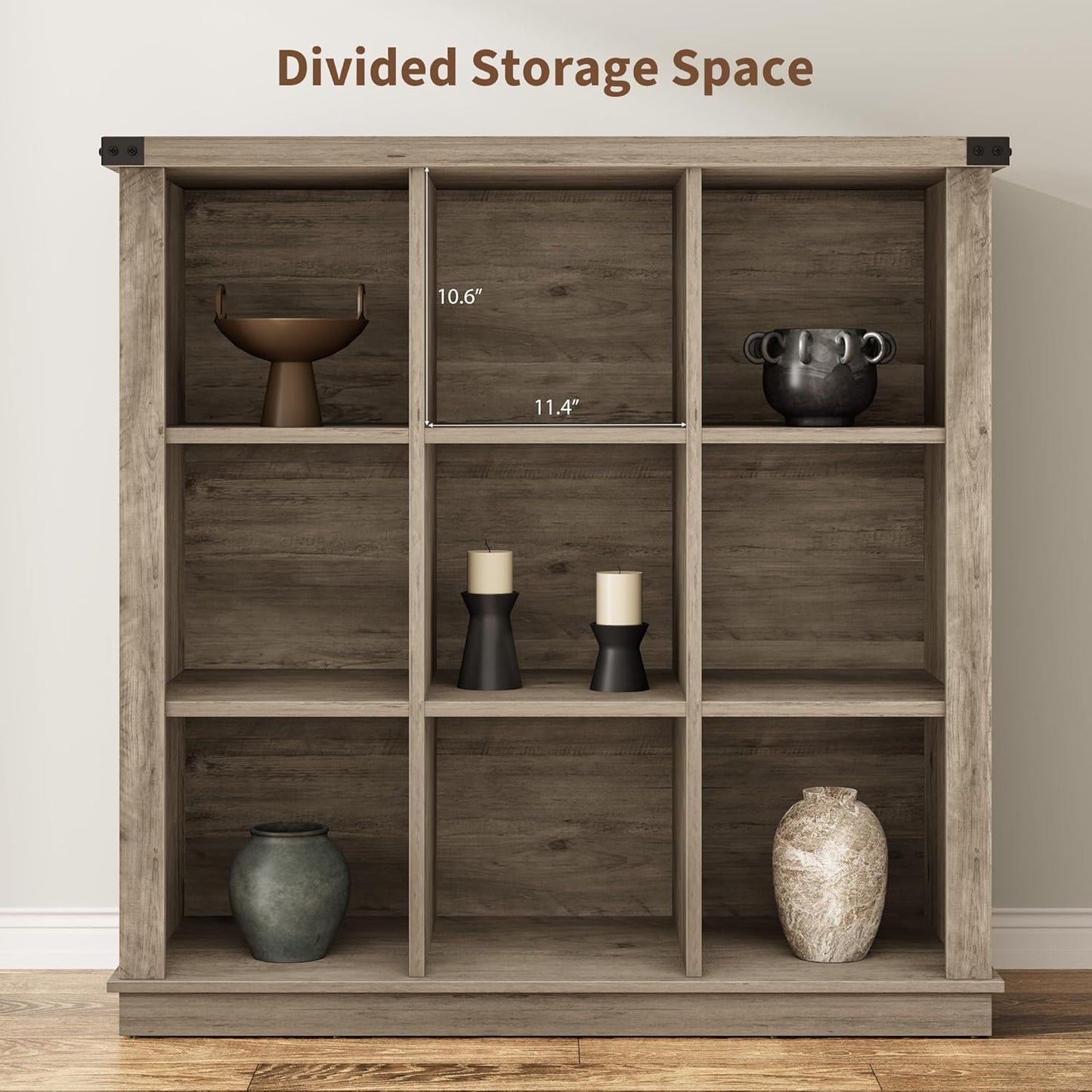 GarveeHome 9 Cube Storage Organizer Bookshelf, 4 Tier Farmhouse Horizontal Bookcase, 37.4 Inch Wood Storage Bookcase for Entryway, Long Low Bookshelves for Living Room-Grey